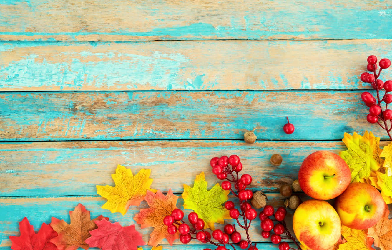 Fall Apples 桌布 壁紙 — 鮮豔的秋葉（紅、黃、橙）以及漿果和蘋果，排列在風化的藍綠色木板上。