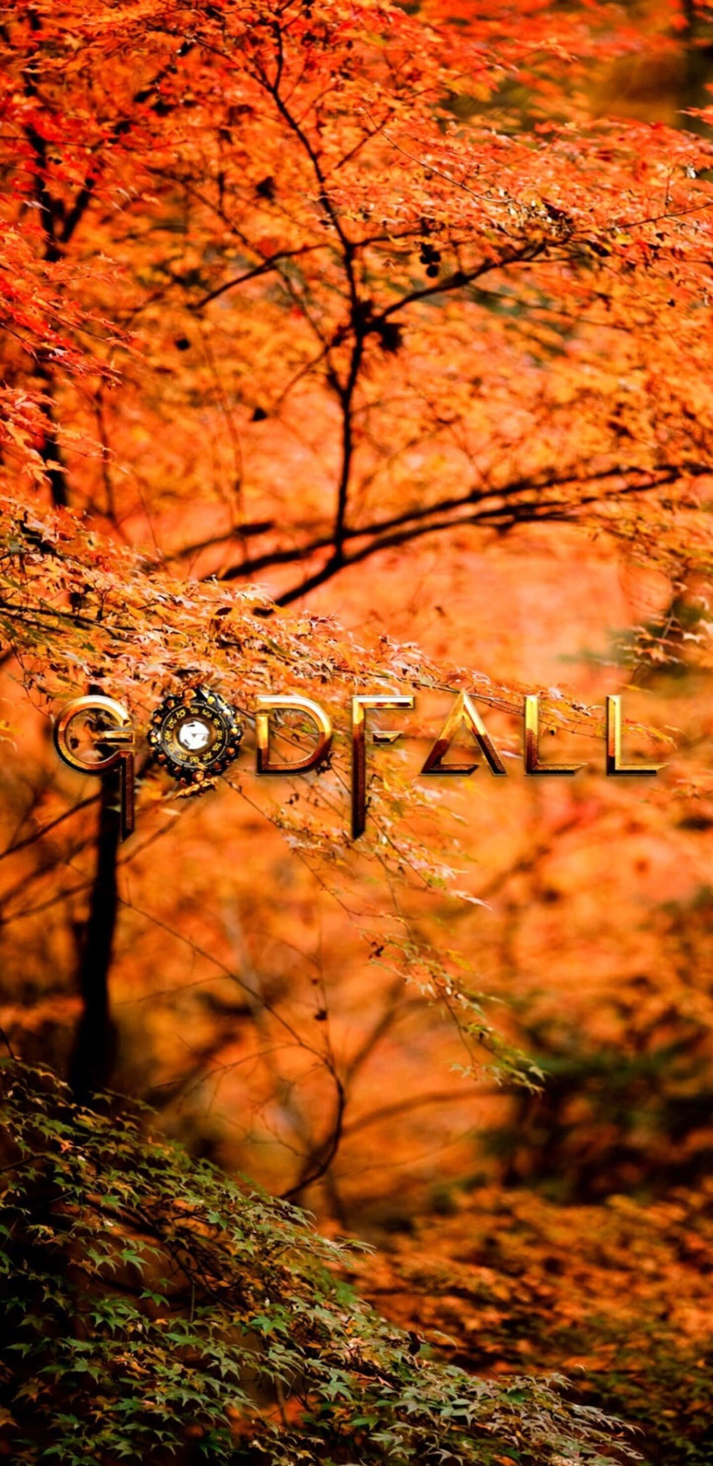 Pixel 3xl Godfall 桌布 壁紙 — 鮮豔的秋葉以火熱的橙色和紅色色調，在模糊的森林背景下框住金色的「GODFALL」標誌。