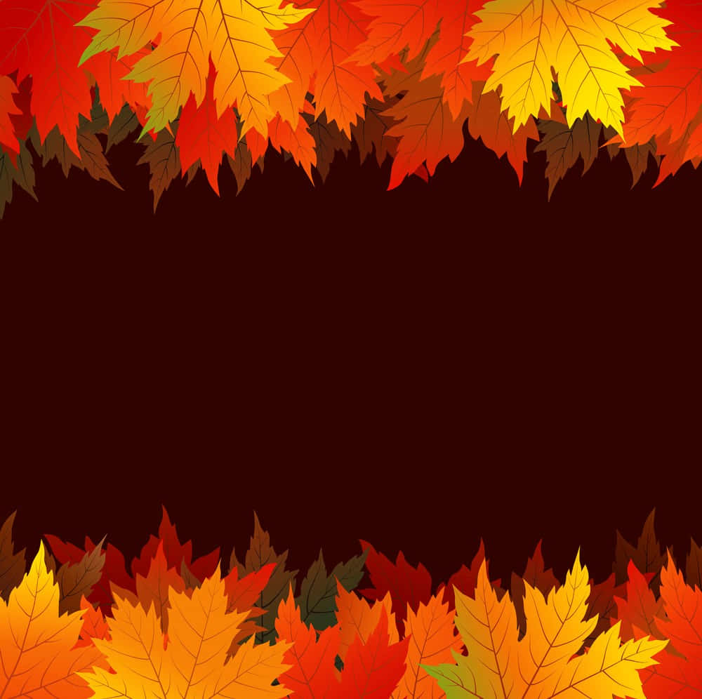 Fall Leaf 桌布 壁紙 — 鮮豔的秋葉以火紅、橙和黃色，框住深棕色背景的頂部和底部。