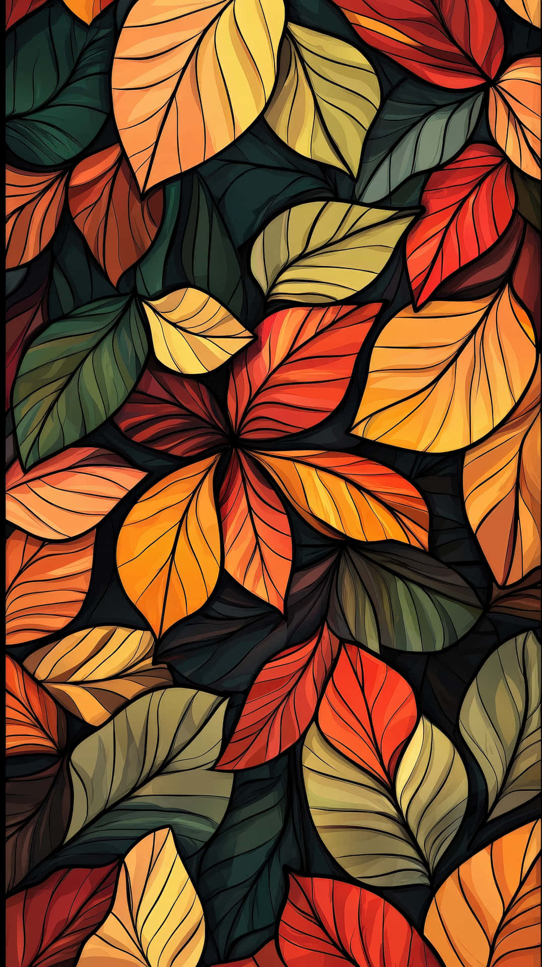 Colorful Autumn Leaves in a Hand-Drawn Artistic Pattern with Warm and Rich Seasonal Tones 壁紙 — 鮮豔的秋葉以火紅、橙黃色重疊在深色背景上，形成風格化的彩繪玻璃圖案。