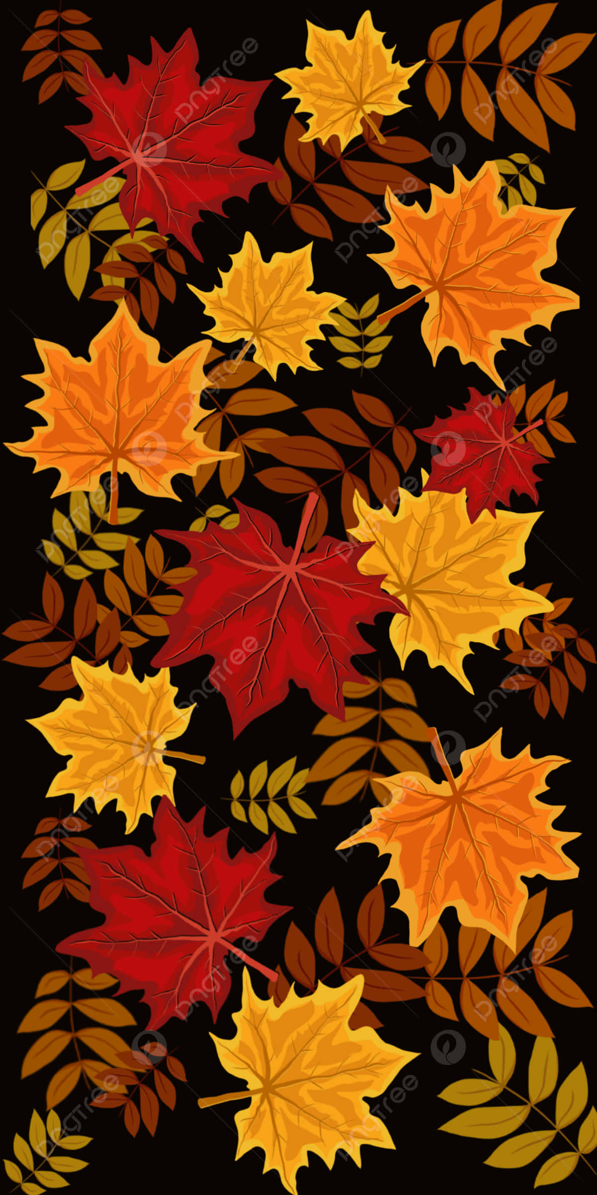 Autumn Leaf 桌布 壁紙 — 鮮豔的秋葉以紅色、橙色和黃色在純黑色背景上層疊，形成大膽的季節性圖案。
