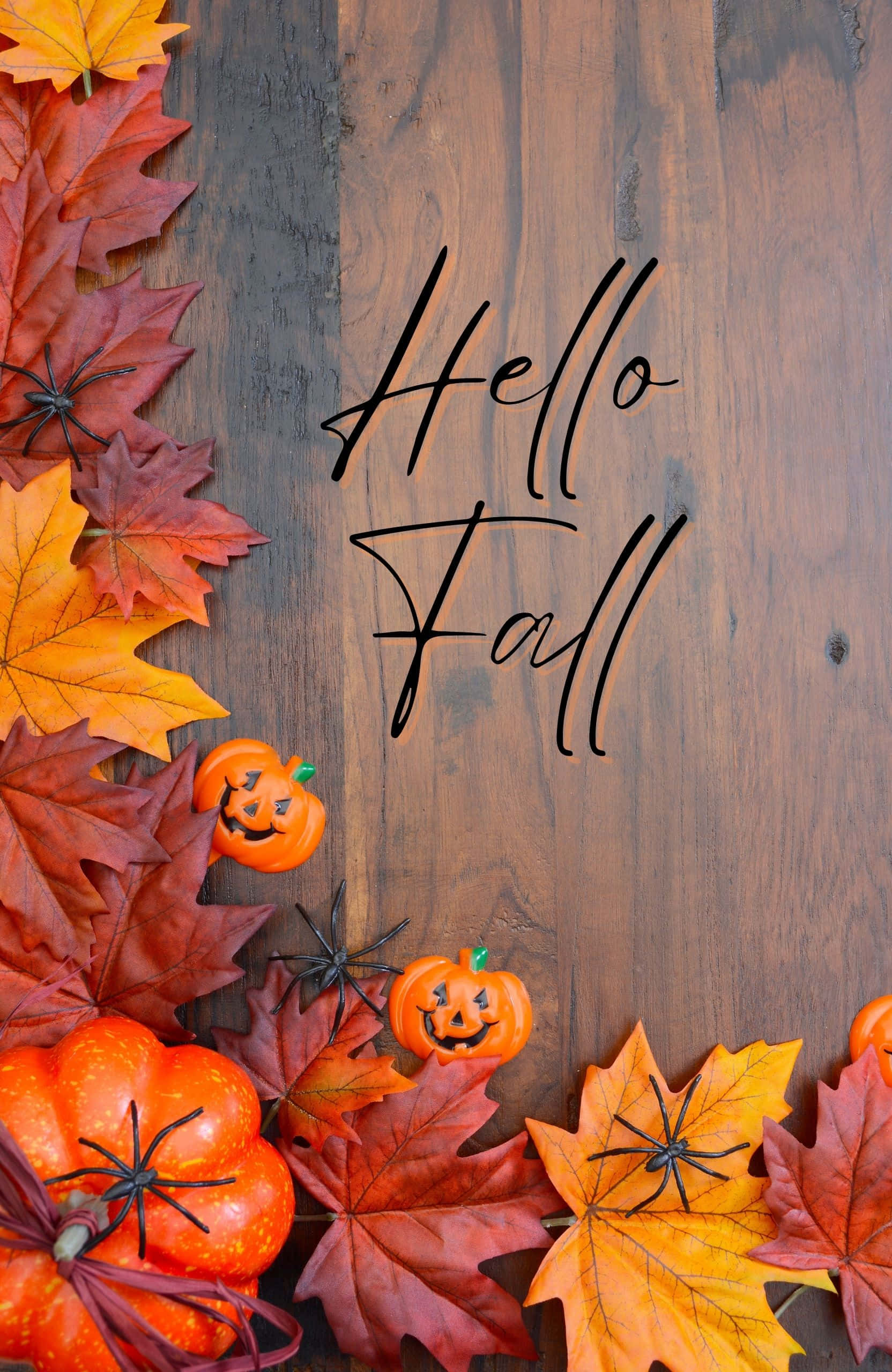 Best Fall 桌布 壁紙 — 鮮豔的秋葉和南瓜燈籠框住了一個質樸的木質背景，上面有'Hello Fall'字樣。