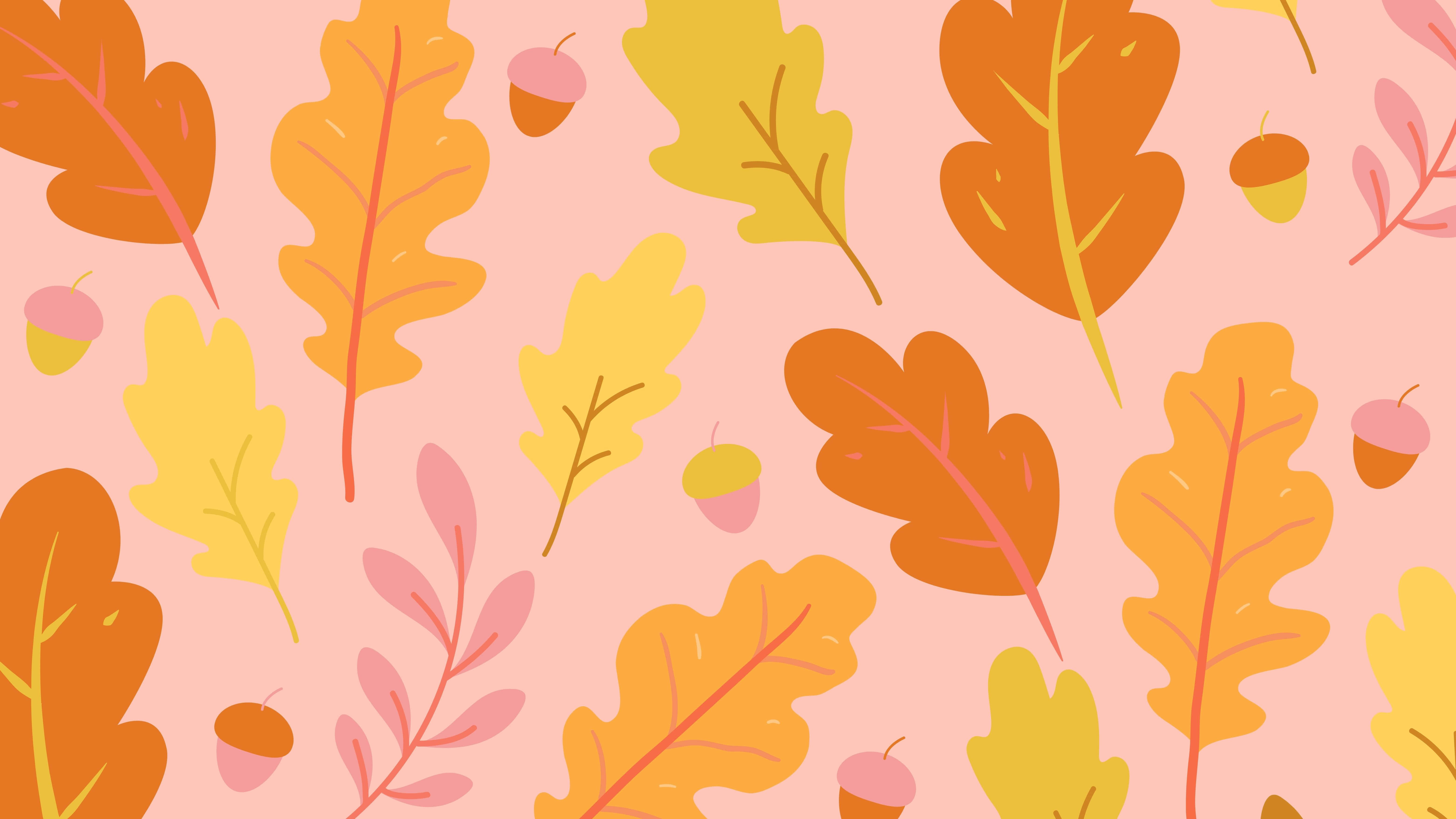 Autumn Foliage 桌布 壁紙 — 鮮豔的秋葉和橡子在柔和的粉紅色背景上以俏皮的重複圖案漂浮。