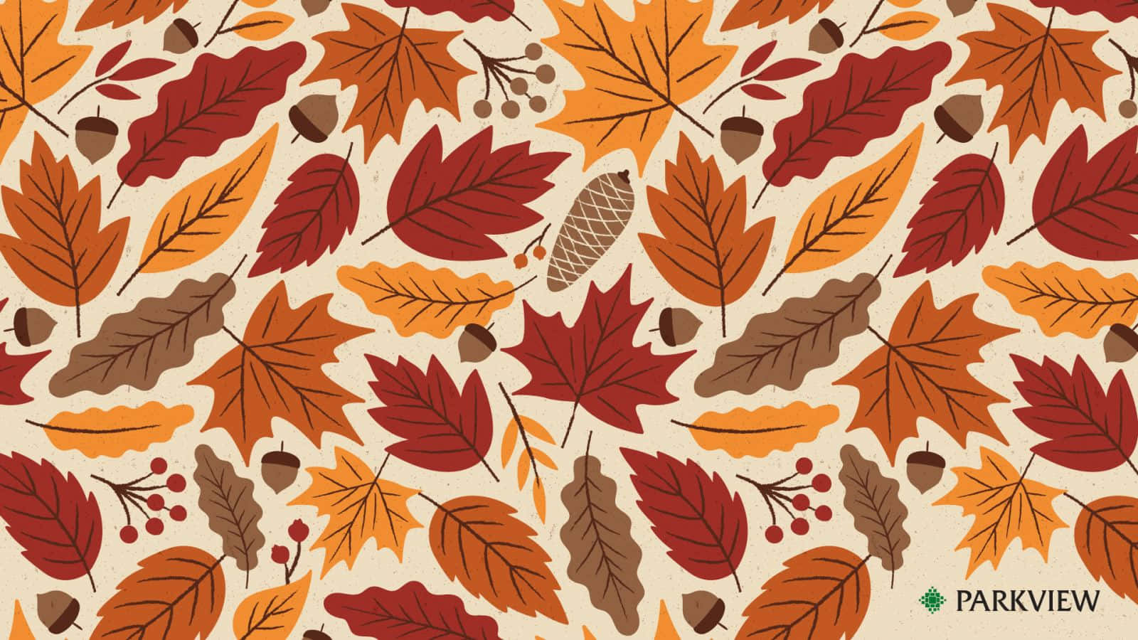 Autumn Leaves 桌布 壁紙 — 鮮豔的秋葉和橡子在溫暖的紅色、橙色和棕色色調中散落在奶油色背景上。