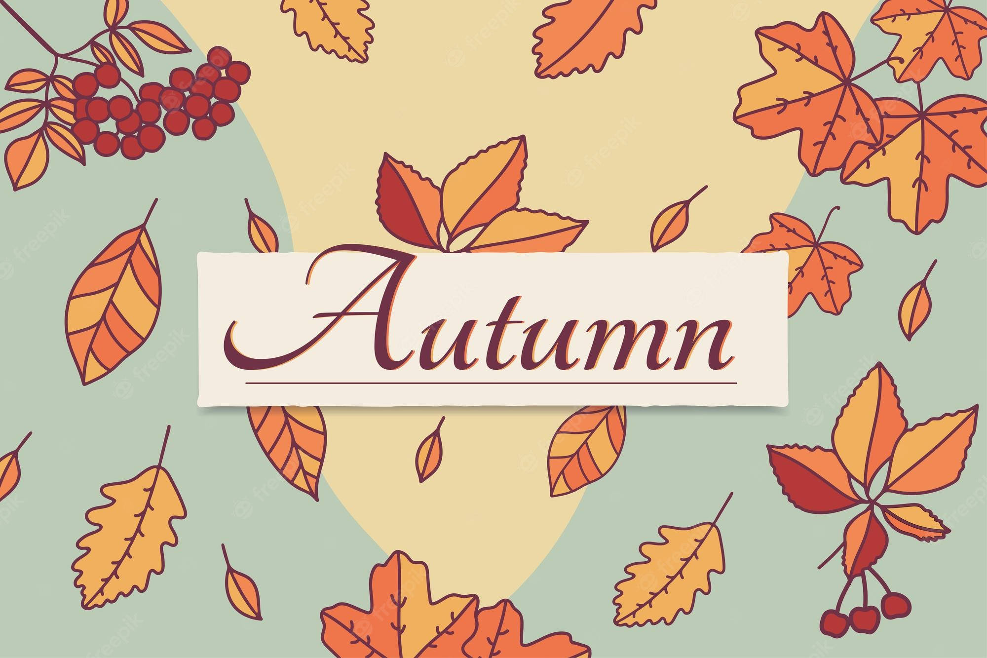 Autumn Season 桌布 壁紙 — 鮮豔的秋葉和紅色漿果漂浮在中央橫幅周圍，橫幅上寫著「秋天」，背景是柔和的粉彩。
