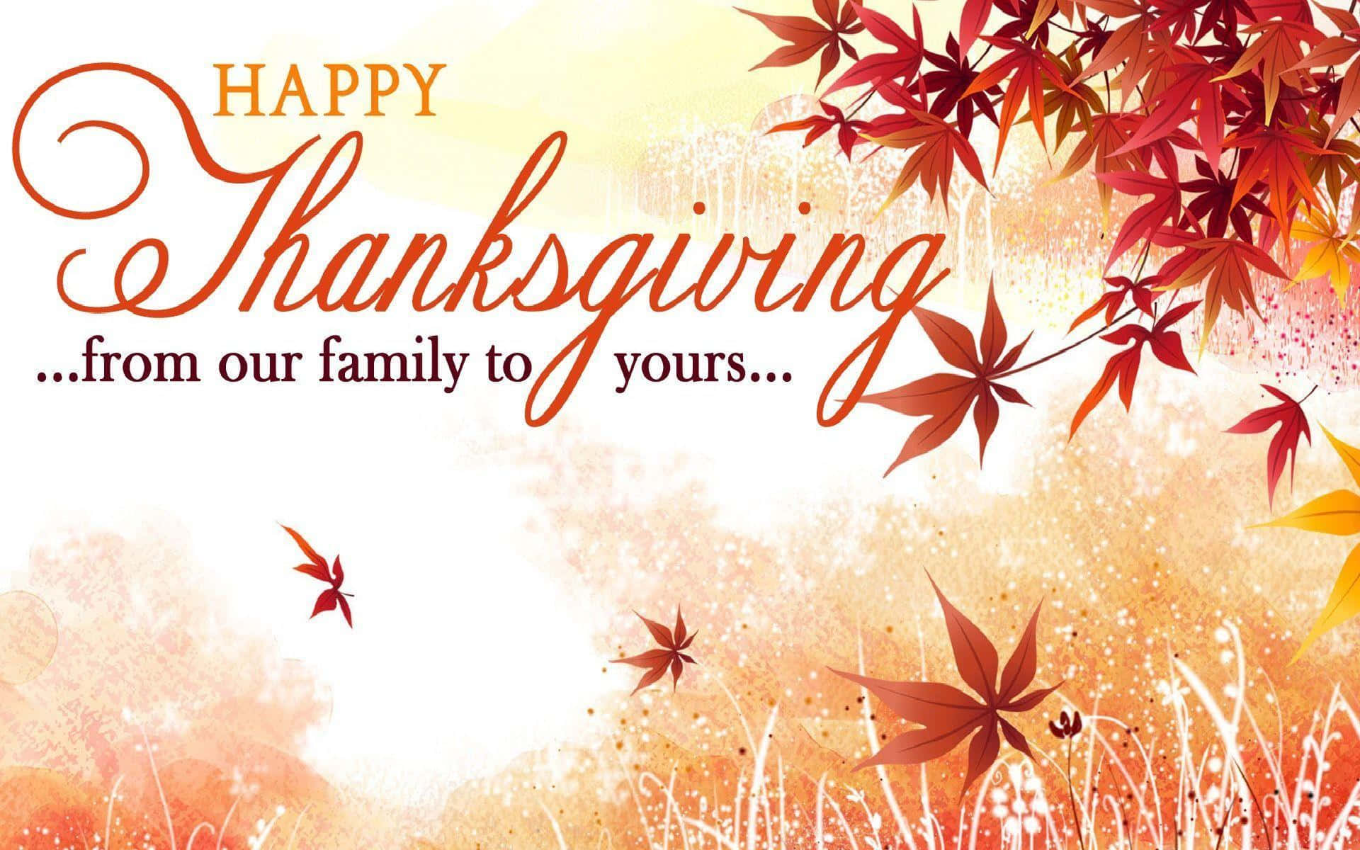 Happy Thanksgiving 桌布 壁紙 — 鮮豔的秋葉環繞著溫暖發光的「Happy Thanksgiving」祝福語，背景柔和有質感。