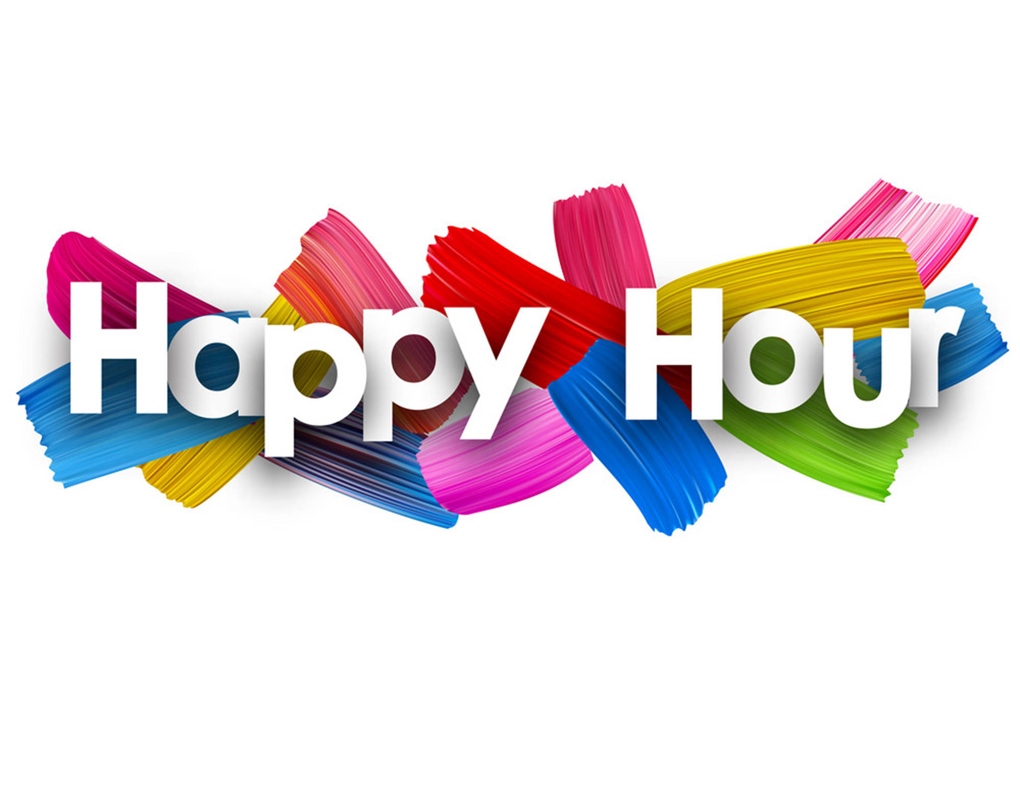 Hour 桌布 壁紙 — 鮮豔的筆觸以鮮明的色彩形成「Happy Hour」字樣，襯托在潔白的背景上。