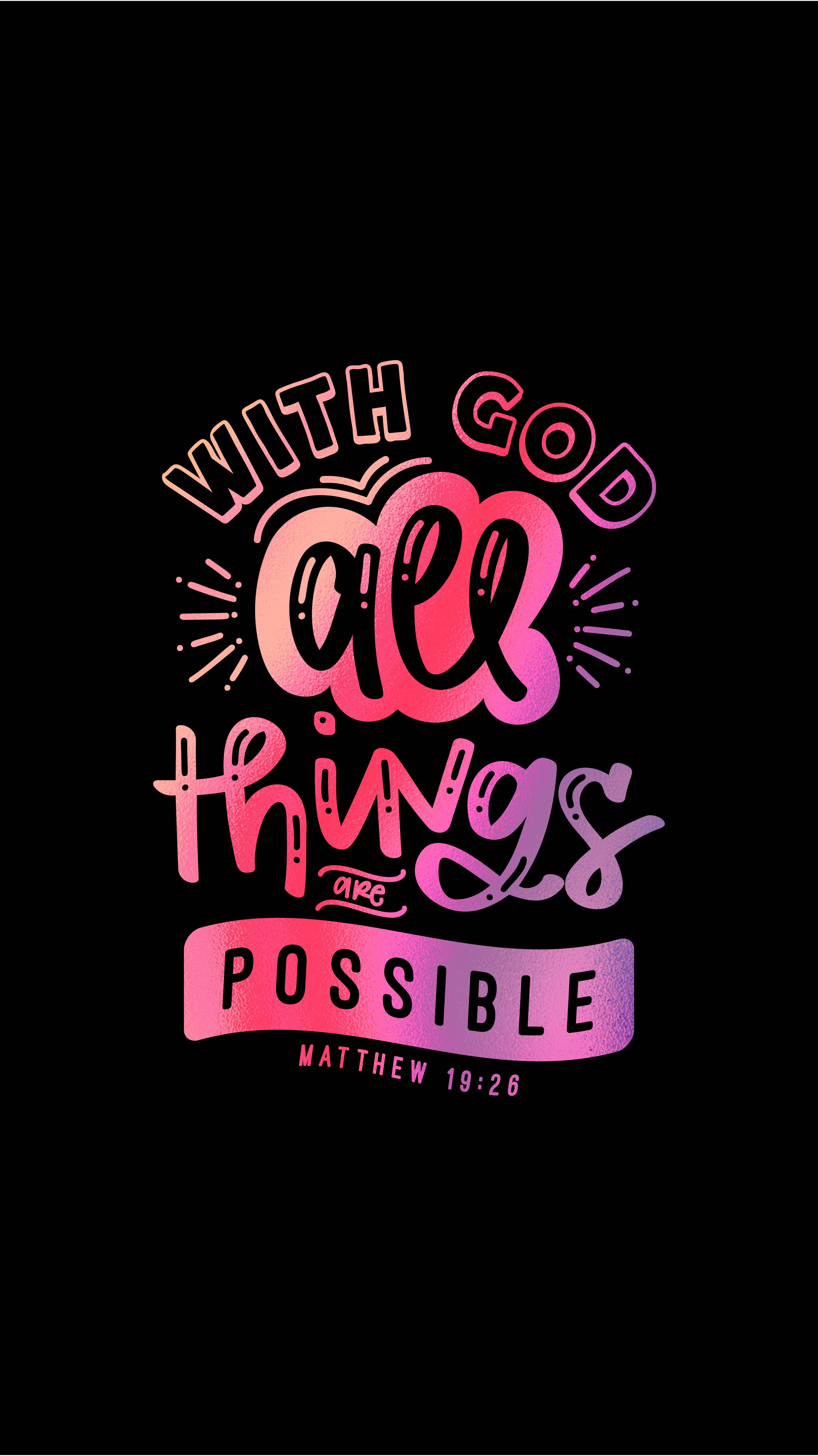 Bible Quotes 桌布 壁紙 — 鮮豔的粉紅和紫色漸變字體在純黑背景上拼出「靠著神，凡事都能」。