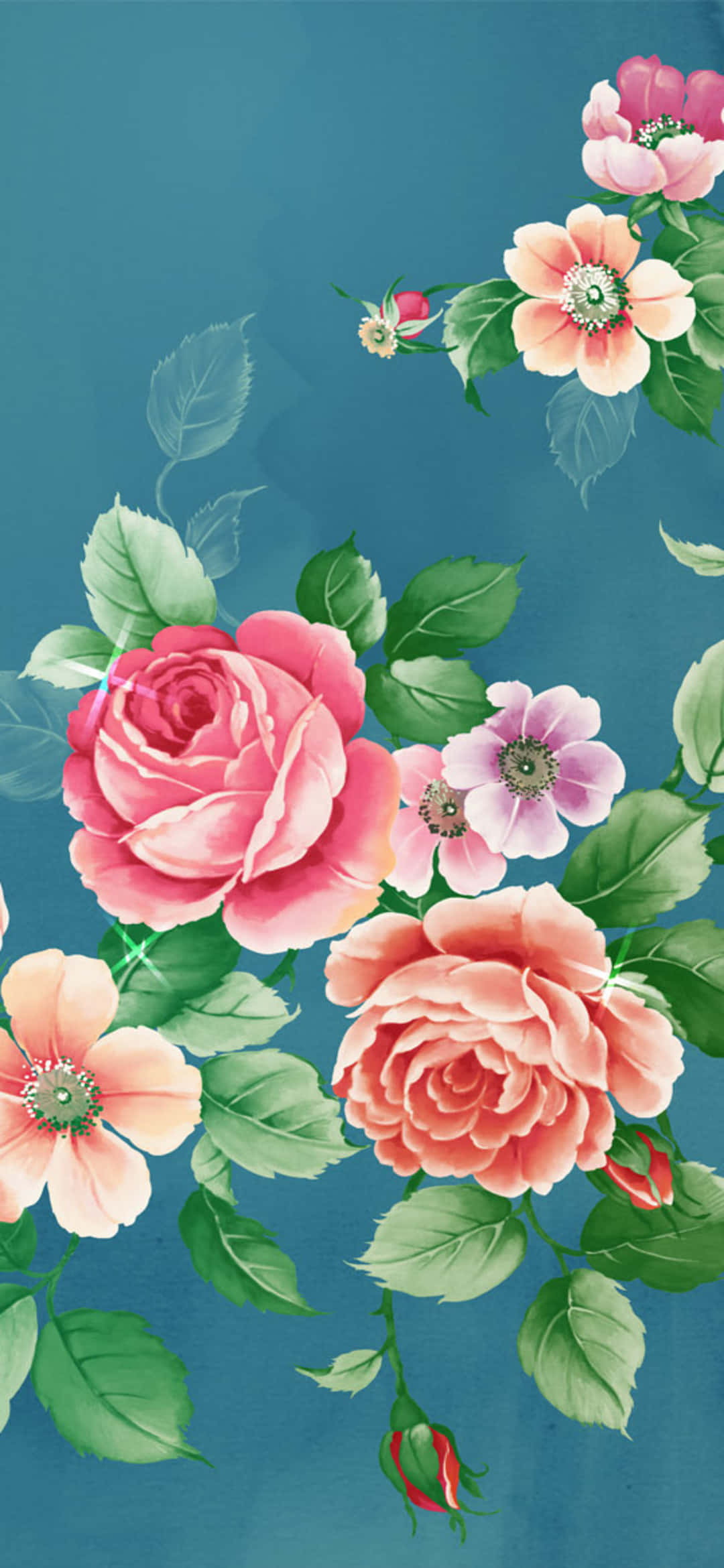 Floral Art 桌布 壁紙 — 鮮豔的粉紅和蜜桃色玫瑰，搭配綠色葉子，在純色青綠色背景上優雅綻放。