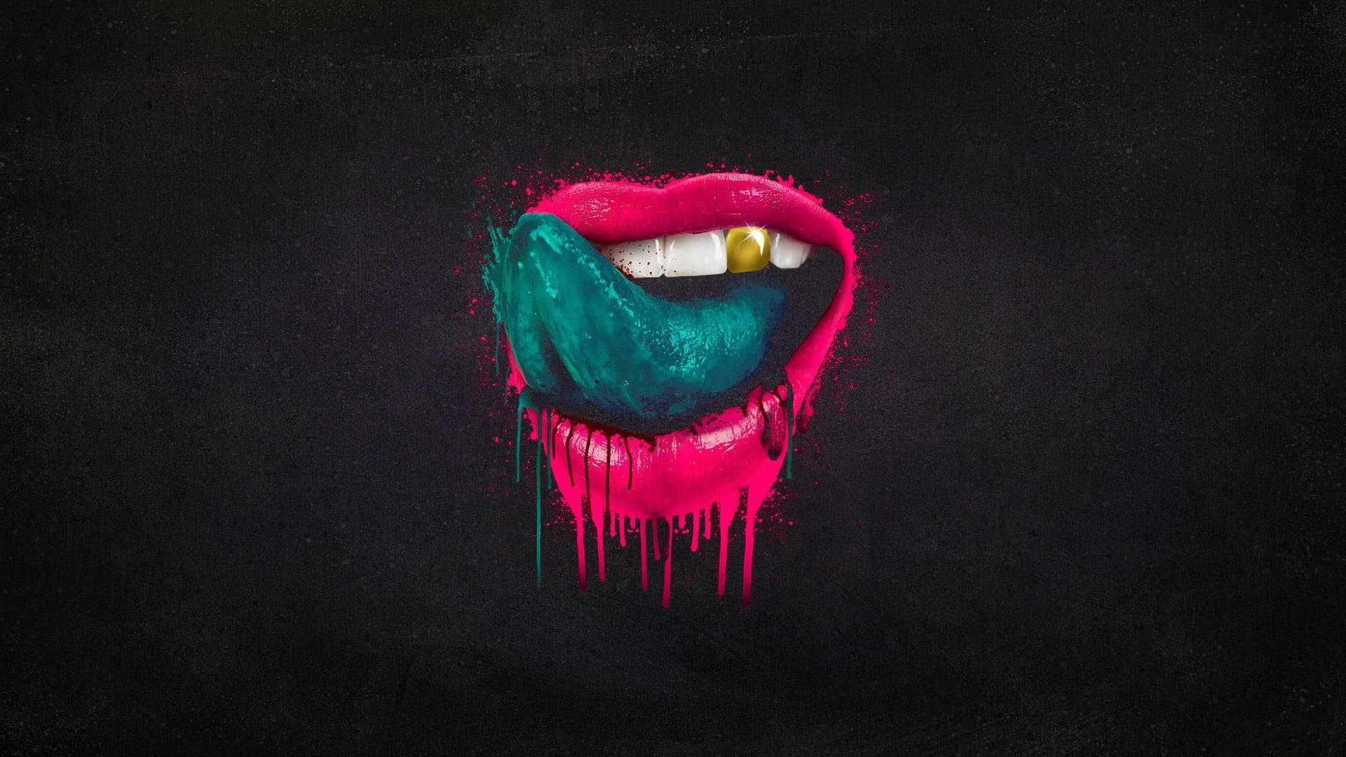Tongue Out 桌布 壁紙 — 鮮豔的粉紅嘴唇，帶有藍綠色油漆在深色紋理背景上滴落。