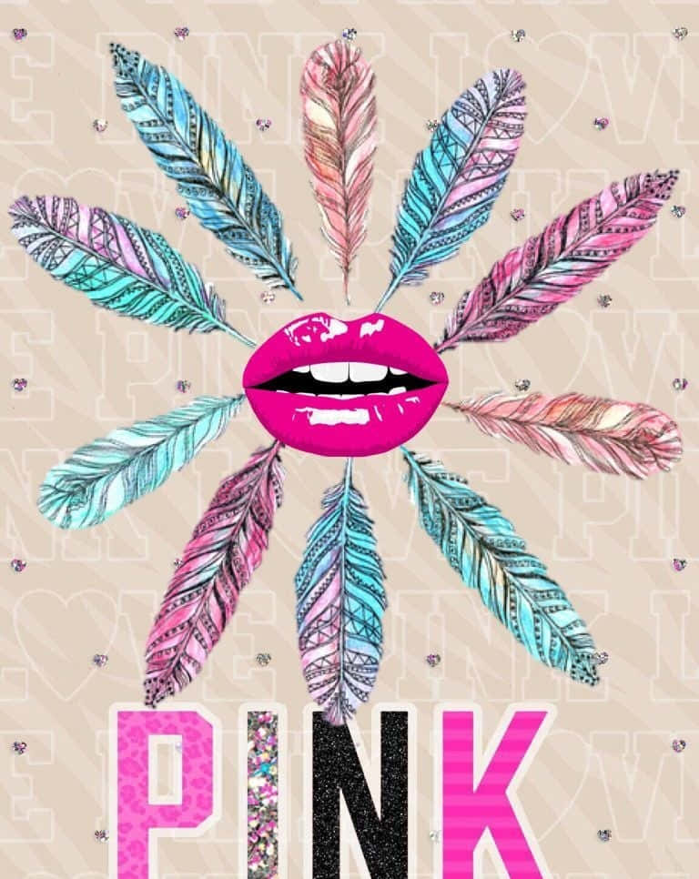 Boho Pastel 桌布 壁紙 — 鮮豔的粉紅嘴唇位於色彩繽紛的圖案羽毛中央，帶有閃亮裝飾和粗體粉紅文字。