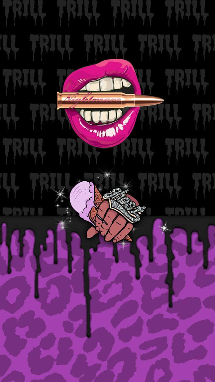 Dope Tumblr iPhone 桌布 壁紙 — 鮮豔的粉紅嘴唇咬著一顆子彈，背景為黑色，帶有滴落的紫色豹紋和「trill」文字。