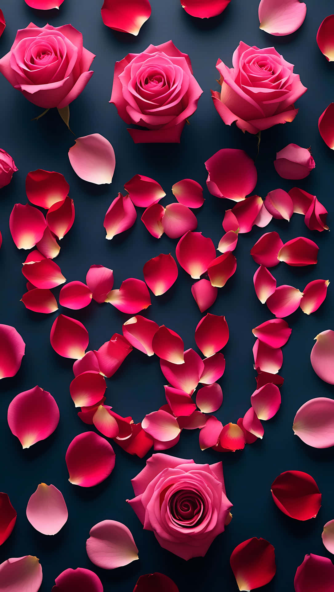 Love You in Rose Petals – Romantic Message Wallpaper 壁紙 — 鮮豔的粉紅玫瑰和散落的花瓣在深海軍藍背景上形成心形。
