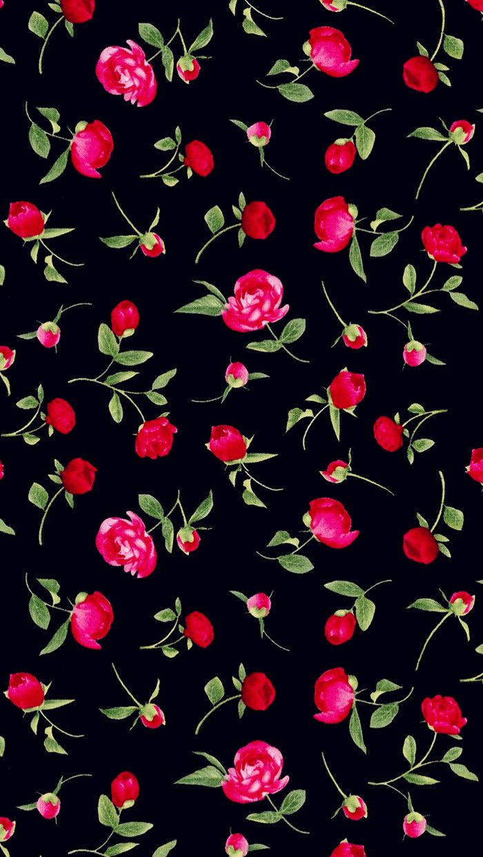 Rose iPhone 桌布 壁紙 — 鮮豔的粉紅玫瑰和花蕾，帶有綠葉，散落在深黑色背景上，形成重複圖案。