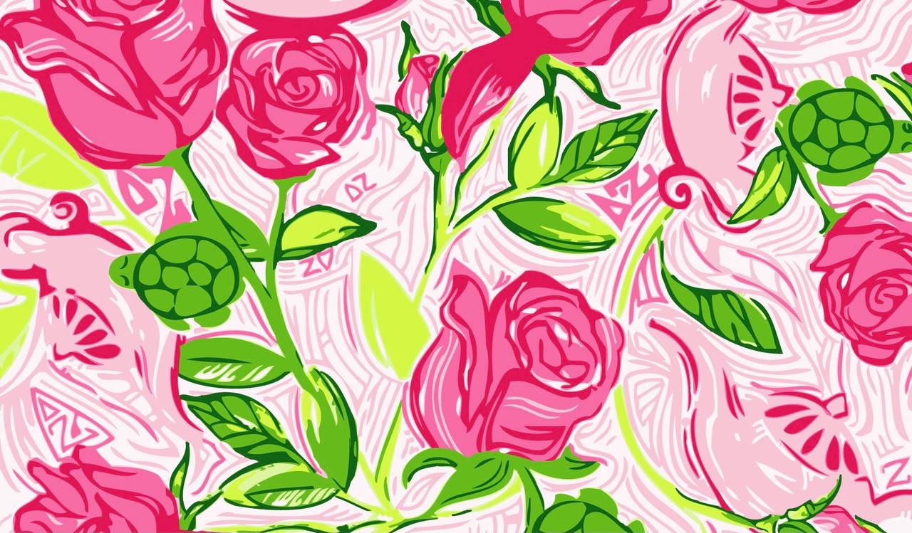 lilly 桌布 壁紙 — 鮮豔的粉紅玫瑰與綠葉在旋轉的粉白圖案背景上盛開。