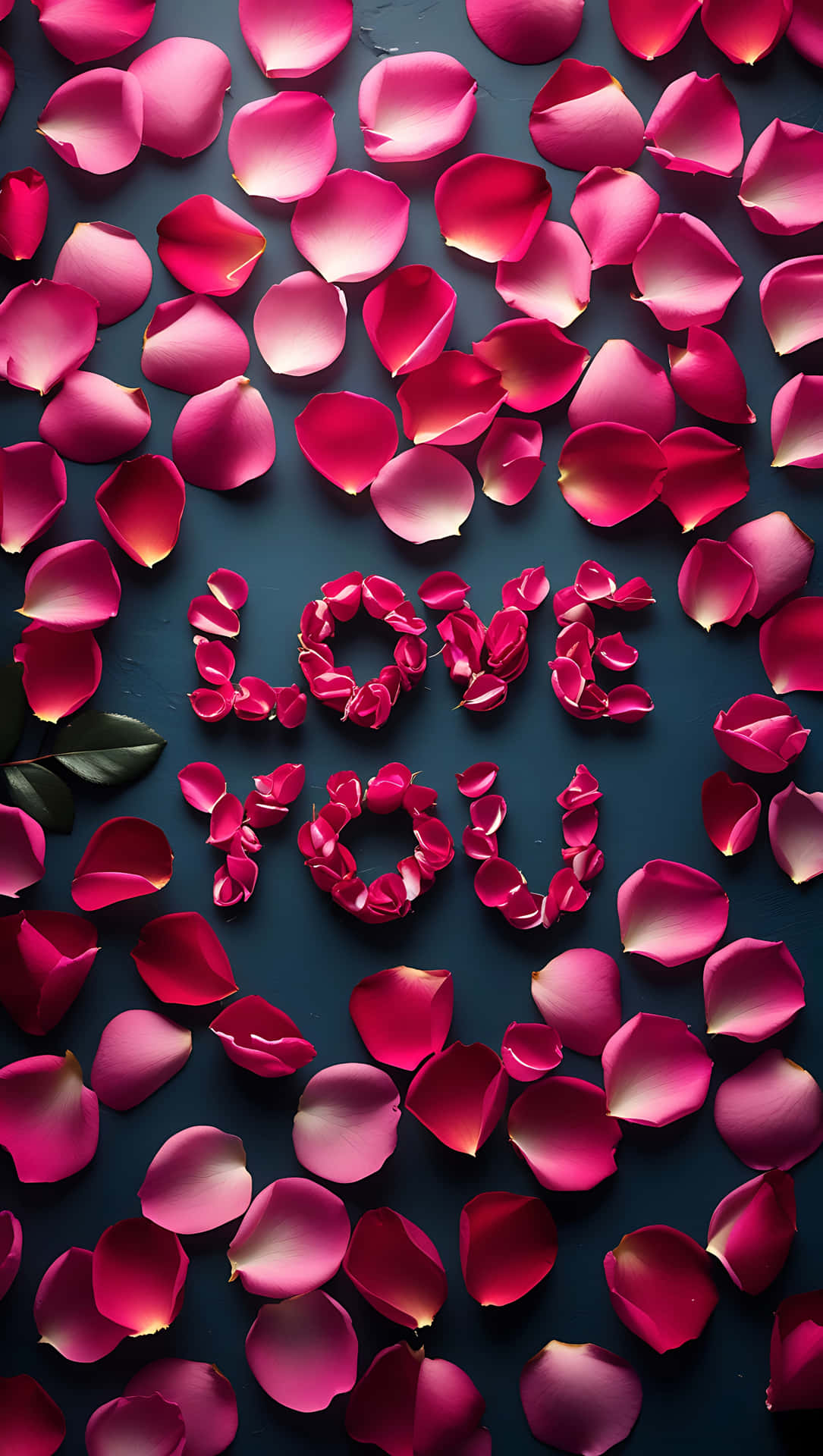 Love You in Rose Petals – Romantic Message Wallpaper 壁紙 — 鮮豔的粉紅玫瑰花瓣在深藍綠色背景上拼出 love you，光線柔和。