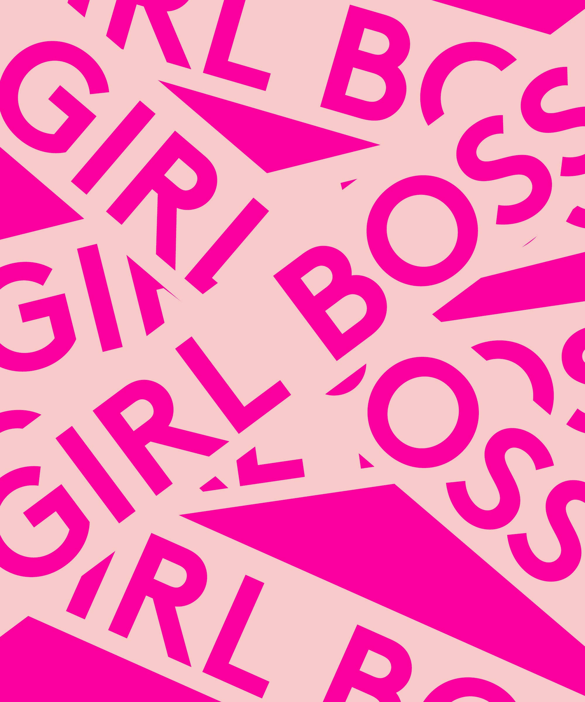 boss 桌布 壁紙 — 鮮豔的粉紅色「GIRL BOSS」文字和幾何圖案在柔和粉紅色背景上動態重疊。
