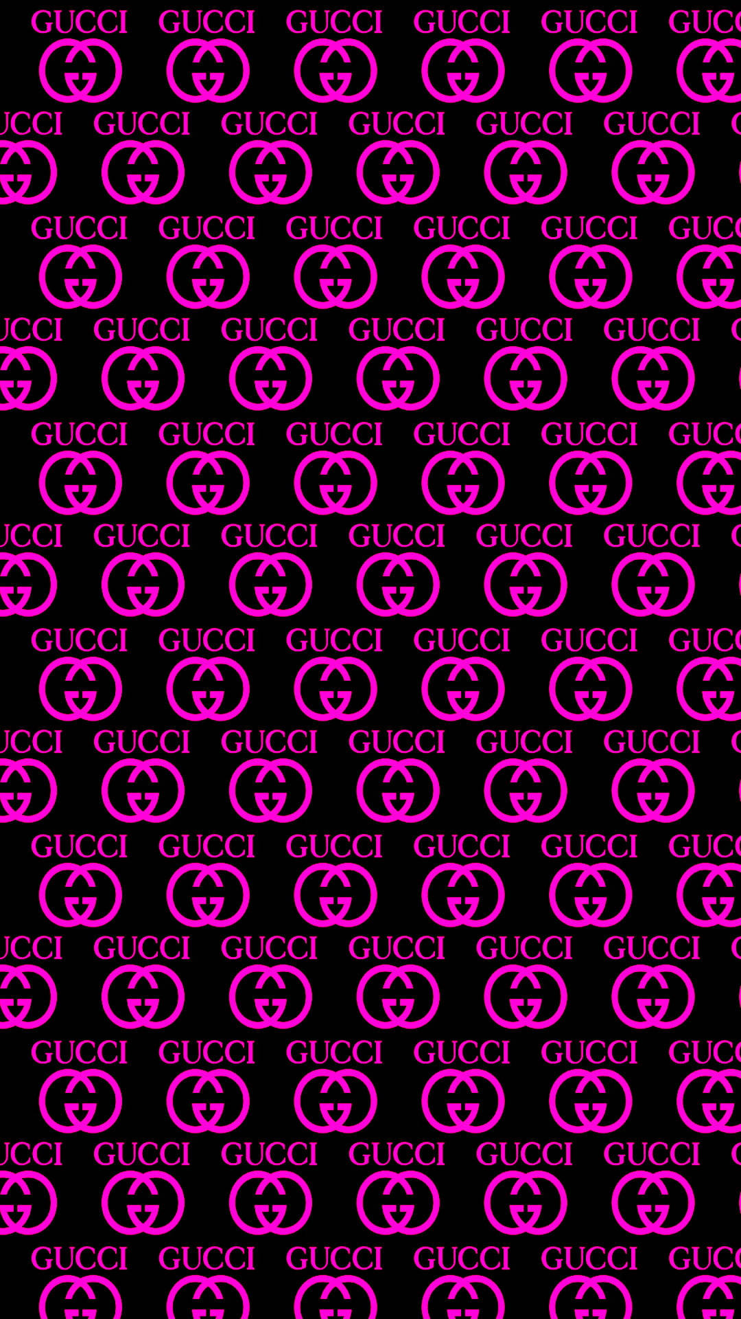 Gucci Pattern 桌布 壁紙 — 鮮豔的粉紅色 Gucci 標誌在純黑色背景上以粗體網格重複。