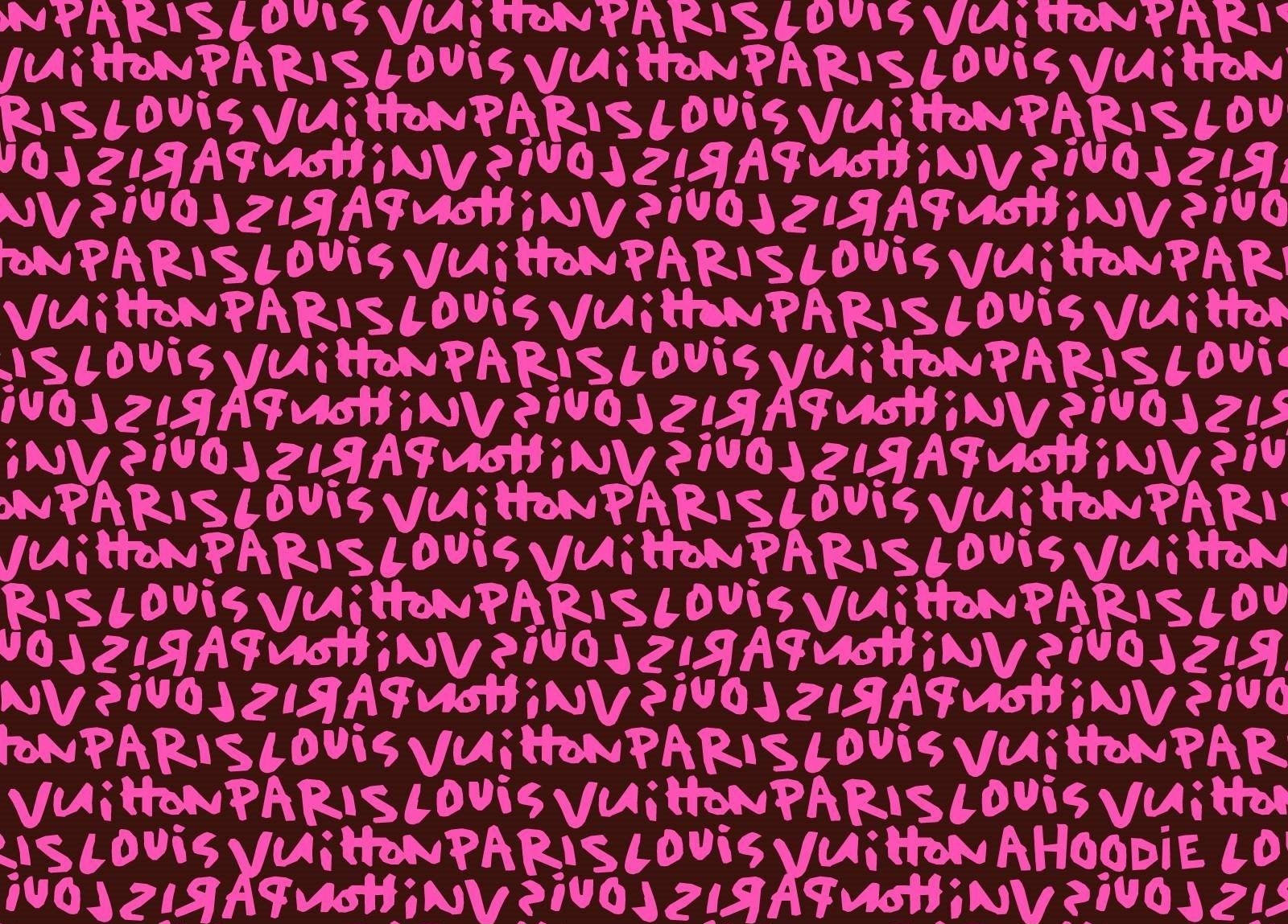 路易威登 桌布 壁紙 — 鮮豔的粉紅色「Louis Vuitton」文字在深酒紅色背景上以大膽的塗鴉風格圖案混亂地重複。