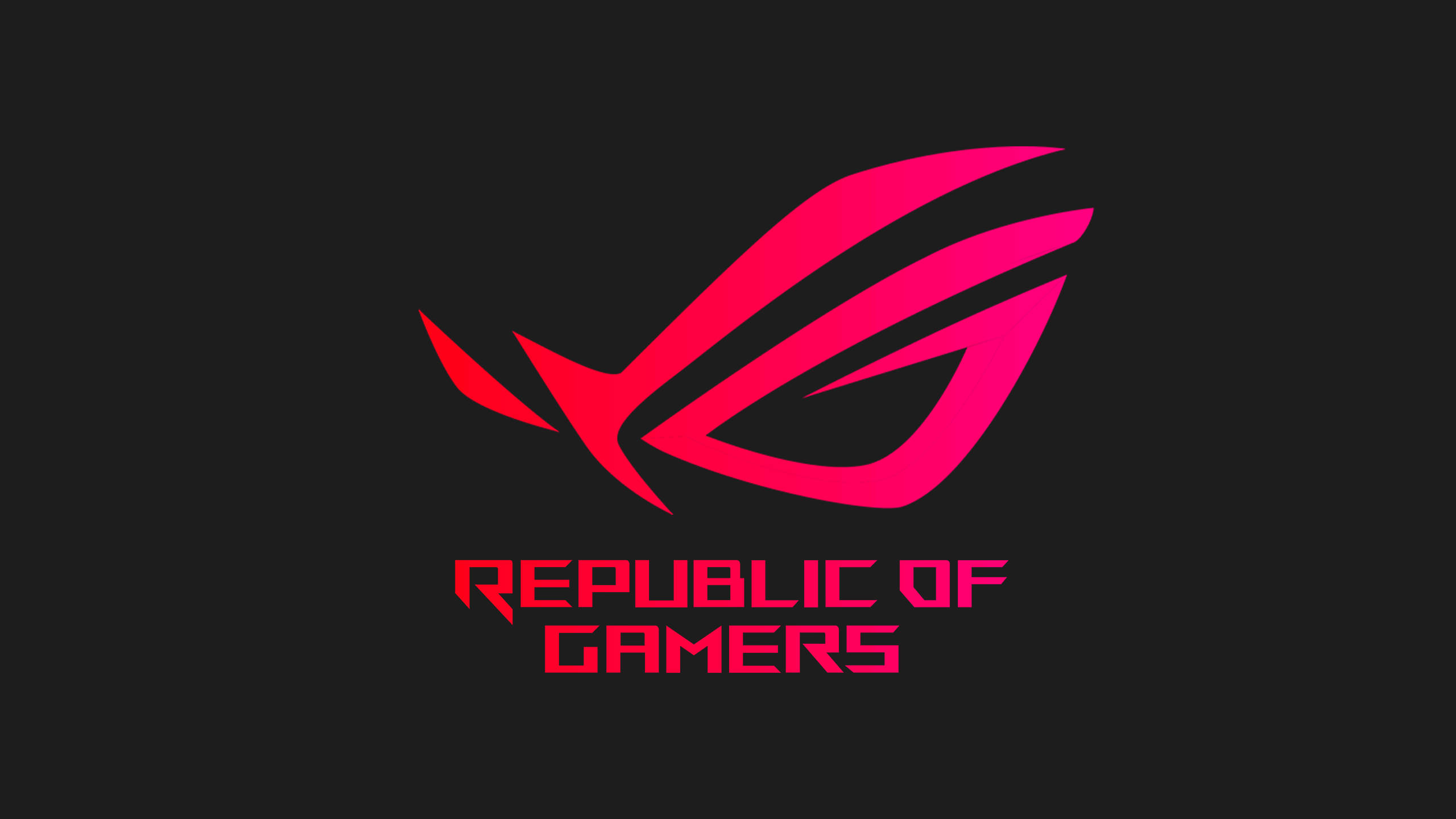 Rgb 桌布 壁紙 — 鮮豔的粉紅色 ROG 標誌和文字在純黑色背景上發光。