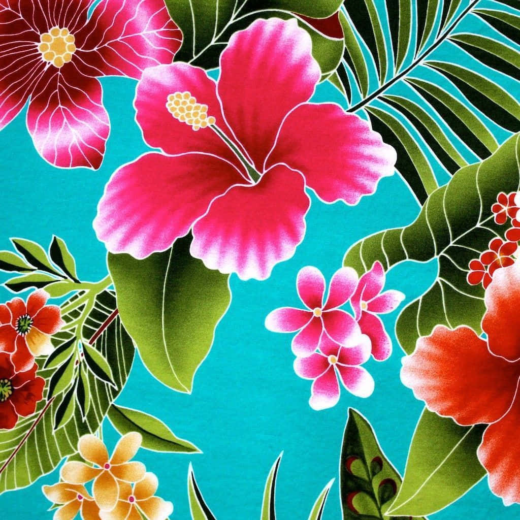 Hawaiian Flowers 桌布 壁紙 — 鮮豔的粉紅色、紅色和黃色芙蓉花，搭配綠色葉子，在明亮的藍綠色背景上盛開。