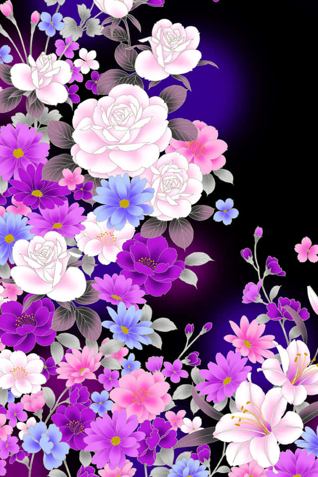 640x960 桌布 壁紙 — 鮮豔的粉紅色、紫色和藍色花朵在發光的深紫色漸變背景上盛開。