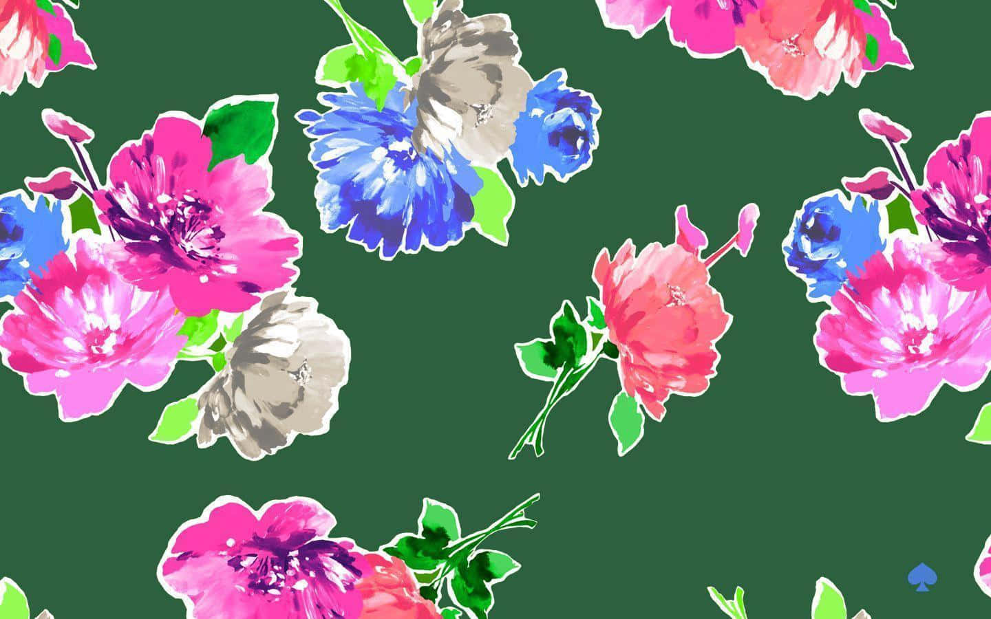 Watercolor 桌布 壁紙 — 鮮豔的粉紅色、藍色和灰色花朵，搭配綠色葉子，在深綠色背景上以大膽的繪畫風格漂浮。