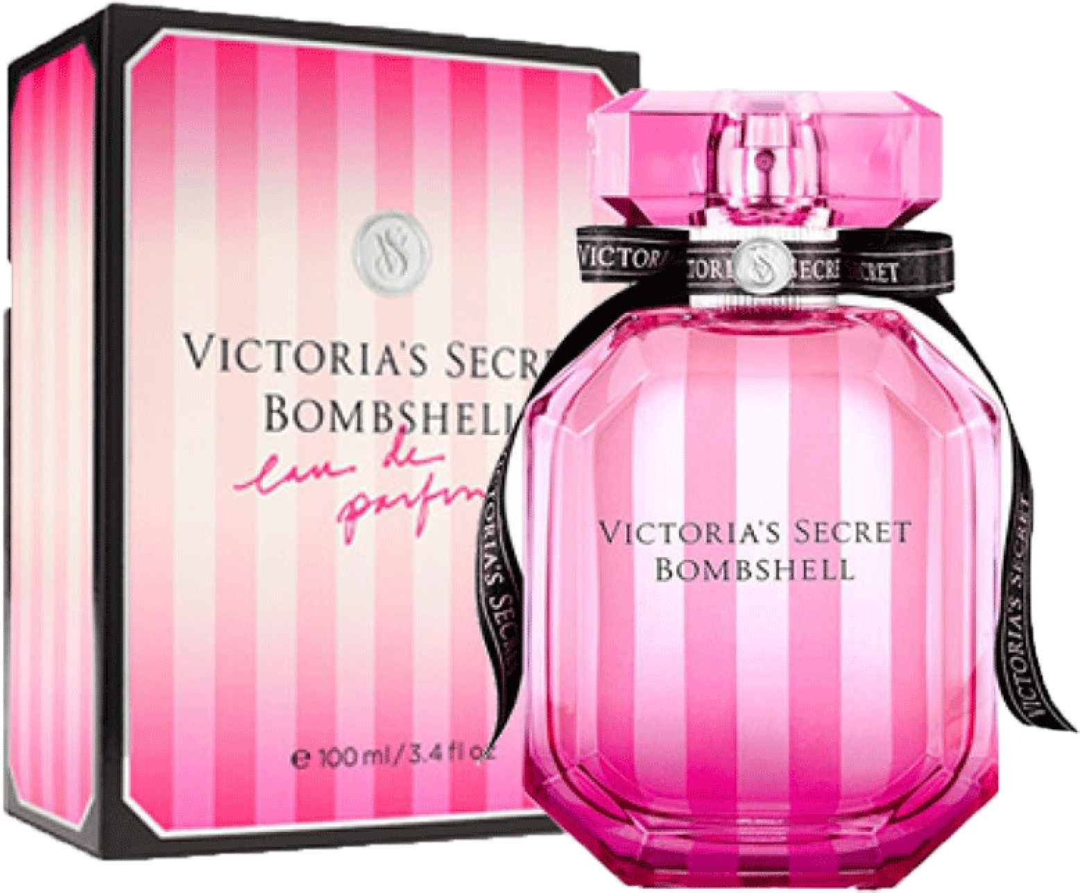 維多利亞的秘密 桌布 壁紙 — 鮮豔的粉紅色Victoria's Secret Bombshell香水瓶，搭配相配的條紋盒子，閃亮奪目。
