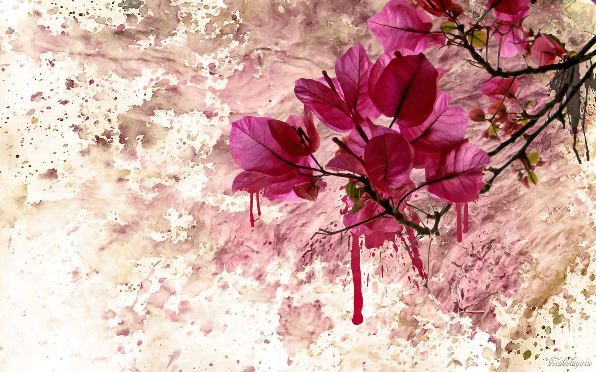 Floral Art 桌布 壁紙 — 鮮豔的粉紅色九重葛從深色樹枝上傾瀉而下，映襯著帶有紋理的粉紅色和奶油色水彩畫。