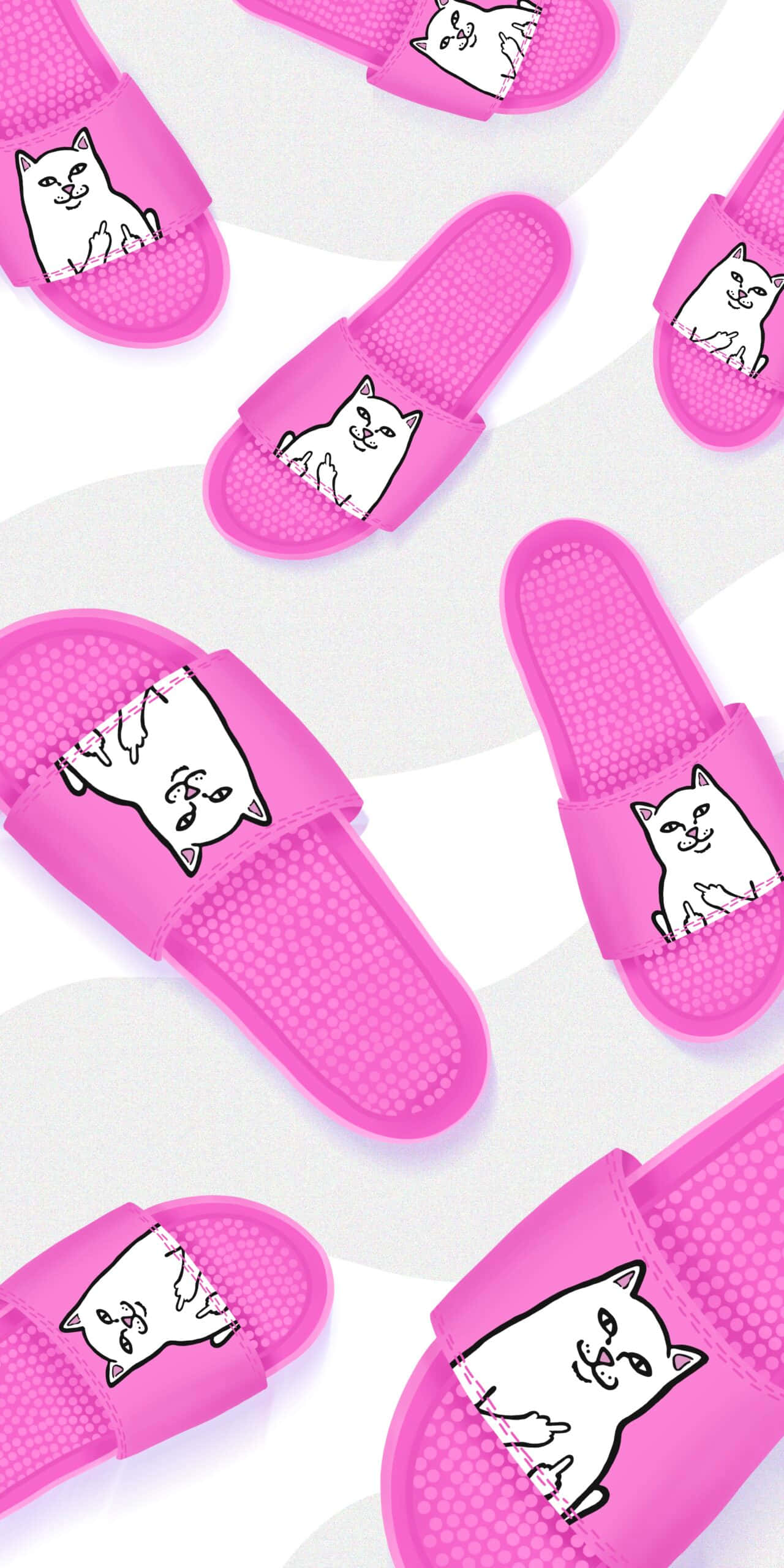 ripndip 桌布 壁紙 — 鮮豔的粉紅色人字拖，卡通貓臉散佈在白色弧形背景上。