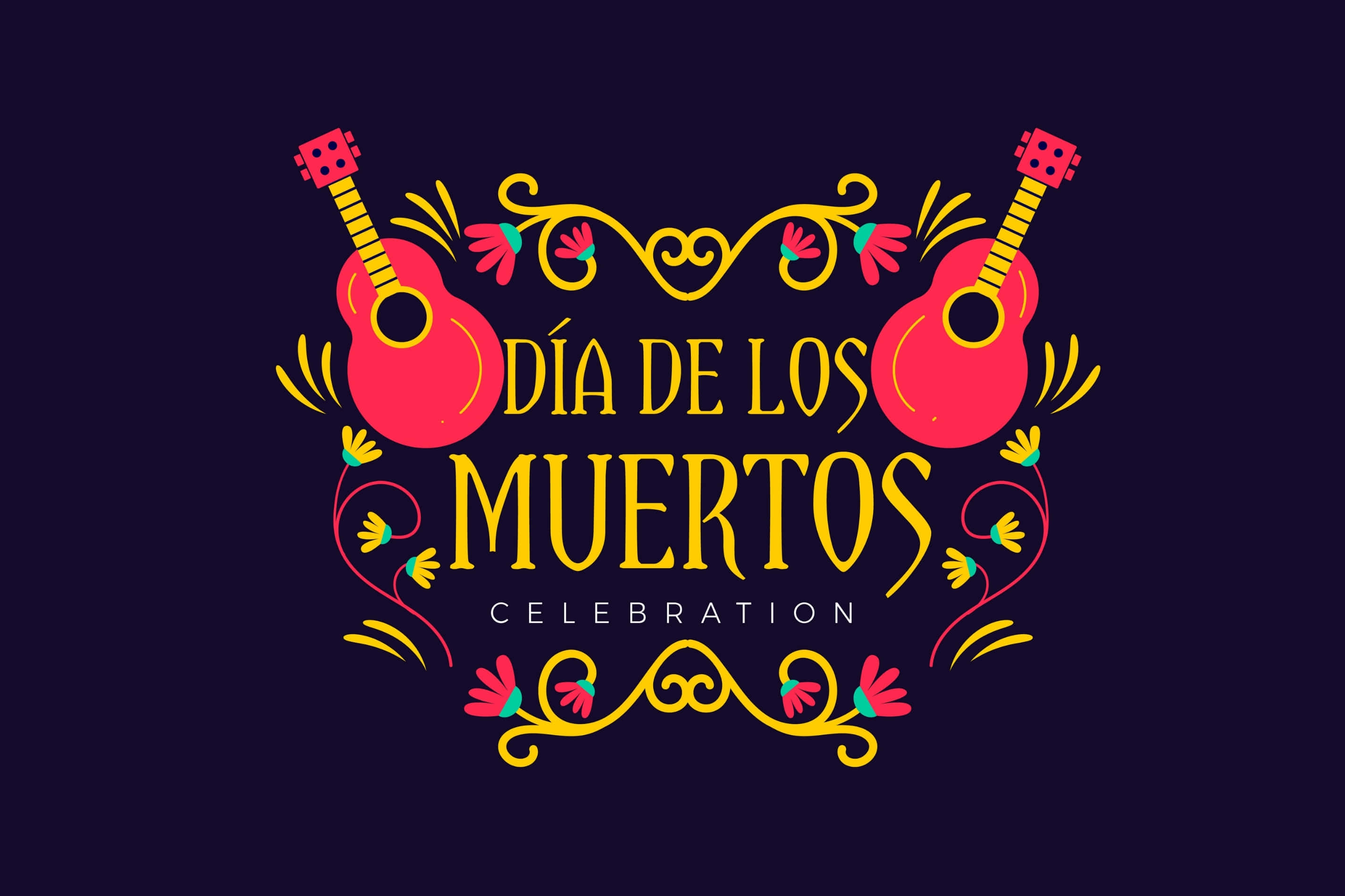 Dia De Los Muertos 桌布 壁紙 — 鮮豔的粉紅色吉他環繞著大膽的黃色文字，在深紫色背景上慶祝亡靈節。