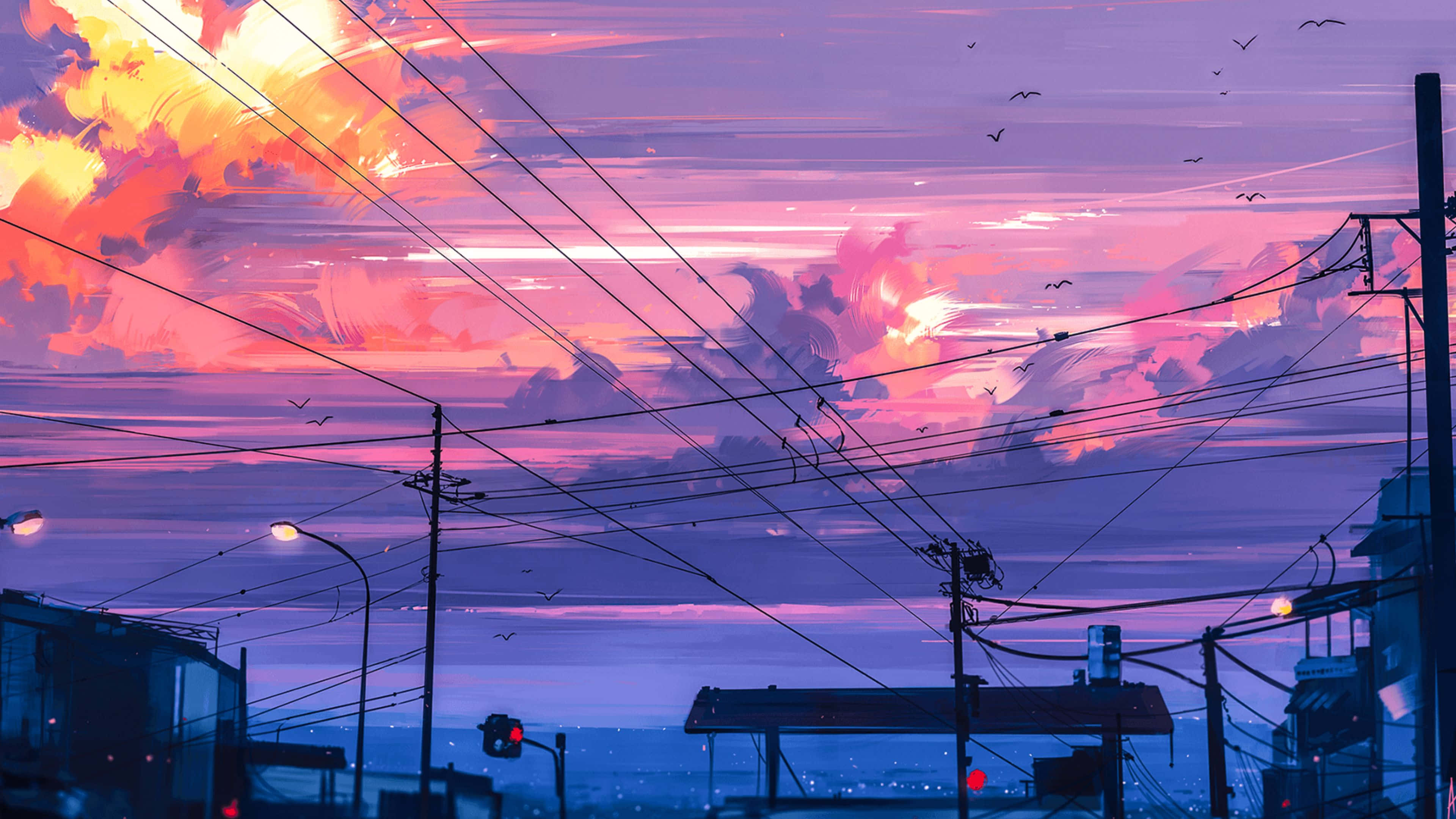 Aesthetic Pink Anime 桌布 壁紙 — 鮮豔的粉紅色和橙色日落雲彩劃過天際，城市天際線被剪影般的電線和街燈框住。