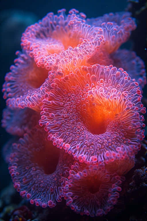 Neon Coral Polyps Close-Up – 8K Macro Underwater 壁紙 — 鮮豔的粉紅色和橙色珊瑚水螅體在迷人的水下場景中綻放，帶有柔和發光的觸手。