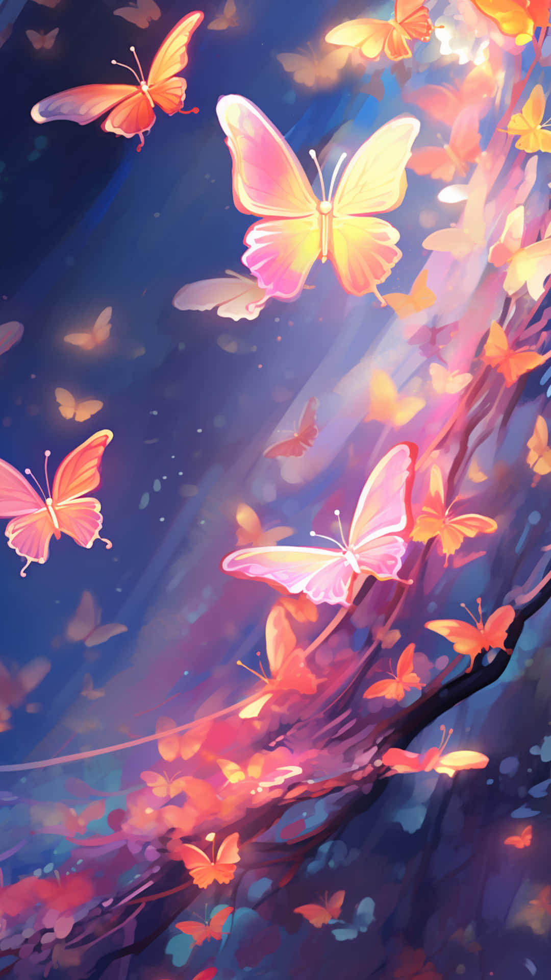 A vibrant colourful butterfly 壁紙 — 鮮豔的粉紅色和橙色蝴蝶在深藍色暮色天空下，圍繞著發光的樹枝飛舞。