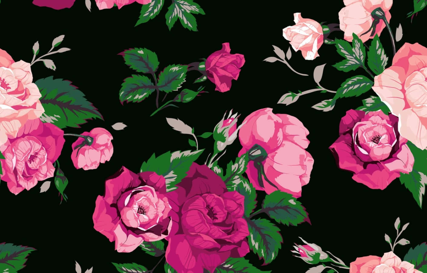 Rose Pattern 桌布 壁紙 — 鮮豔的粉紅色和洋紅色玫瑰與綠色葉子在純黑色背景上綻放，形成大膽的花卉圖案。