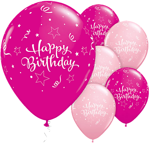 Happy Birthday Balloons 桌布 壁紙 — 鮮豔的粉紅色和淺粉紅色氣球，帶有白色Happy Birthday文字和星星圖案，漂浮在純白色背景上。