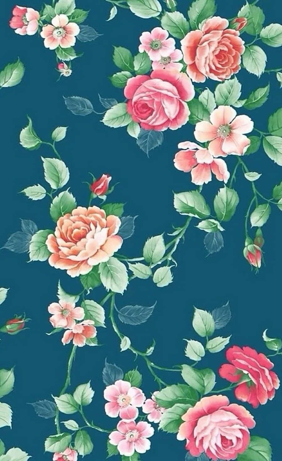 Rose Pattern 桌布 壁紙 — 鮮豔的粉紅色和珊瑚色玫瑰與茂盛的綠葉在深藍綠色背景上層疊，形成經典花卉圖案。