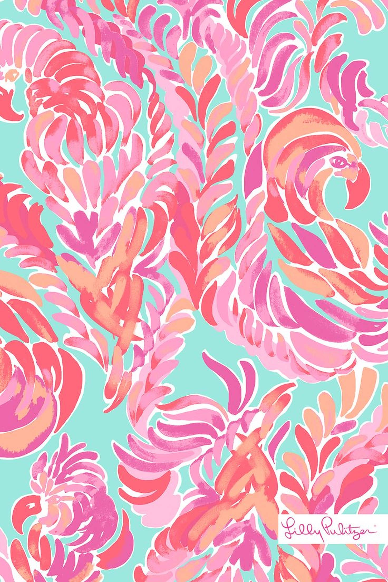 lilly 桌布 壁紙 — 鮮豔的粉紅色和珊瑚色葉子圖案在薄荷綠背景上以大膽的水彩風格旋轉。