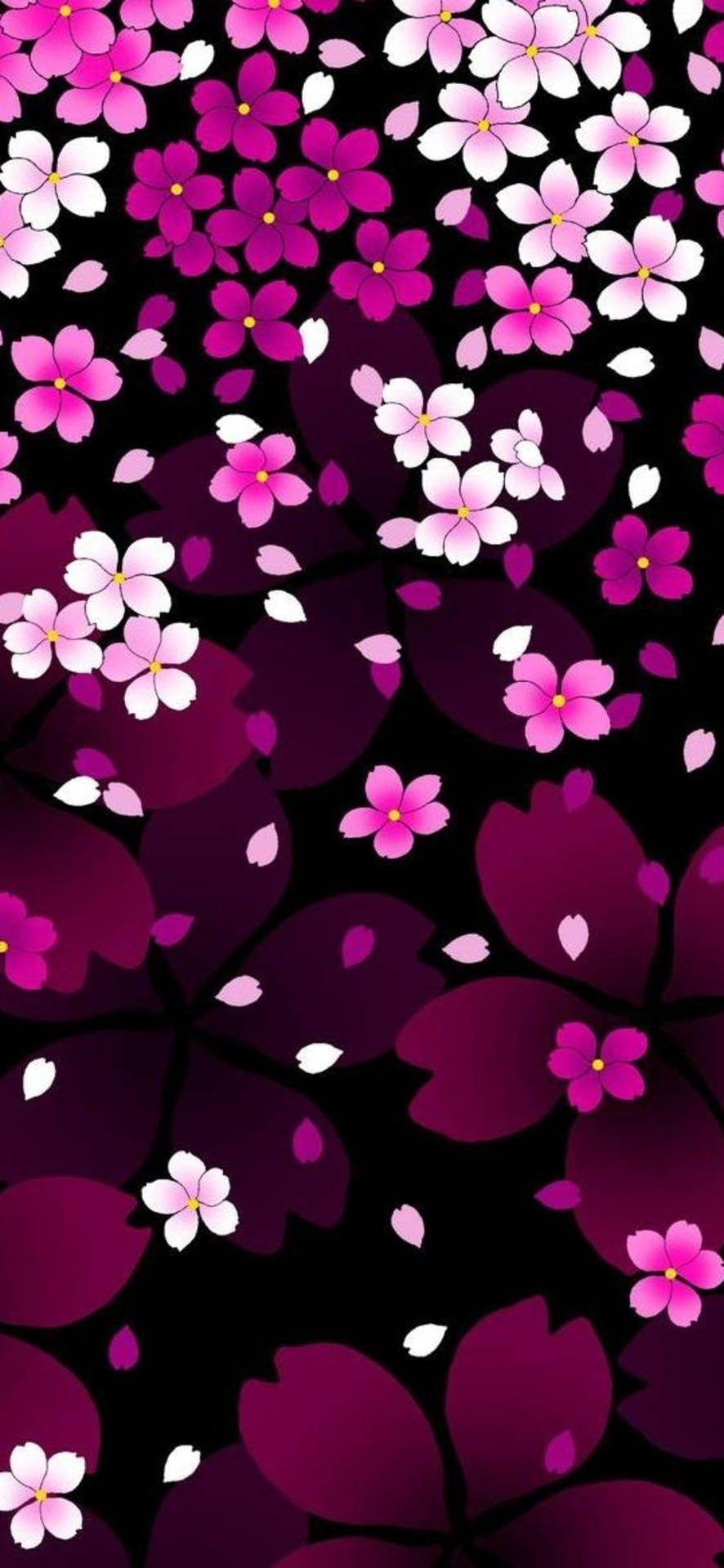 粉紅色和白色櫻花漂浮在深紫色漸變背景上。 — 玫瑰 GIF 壁紙
