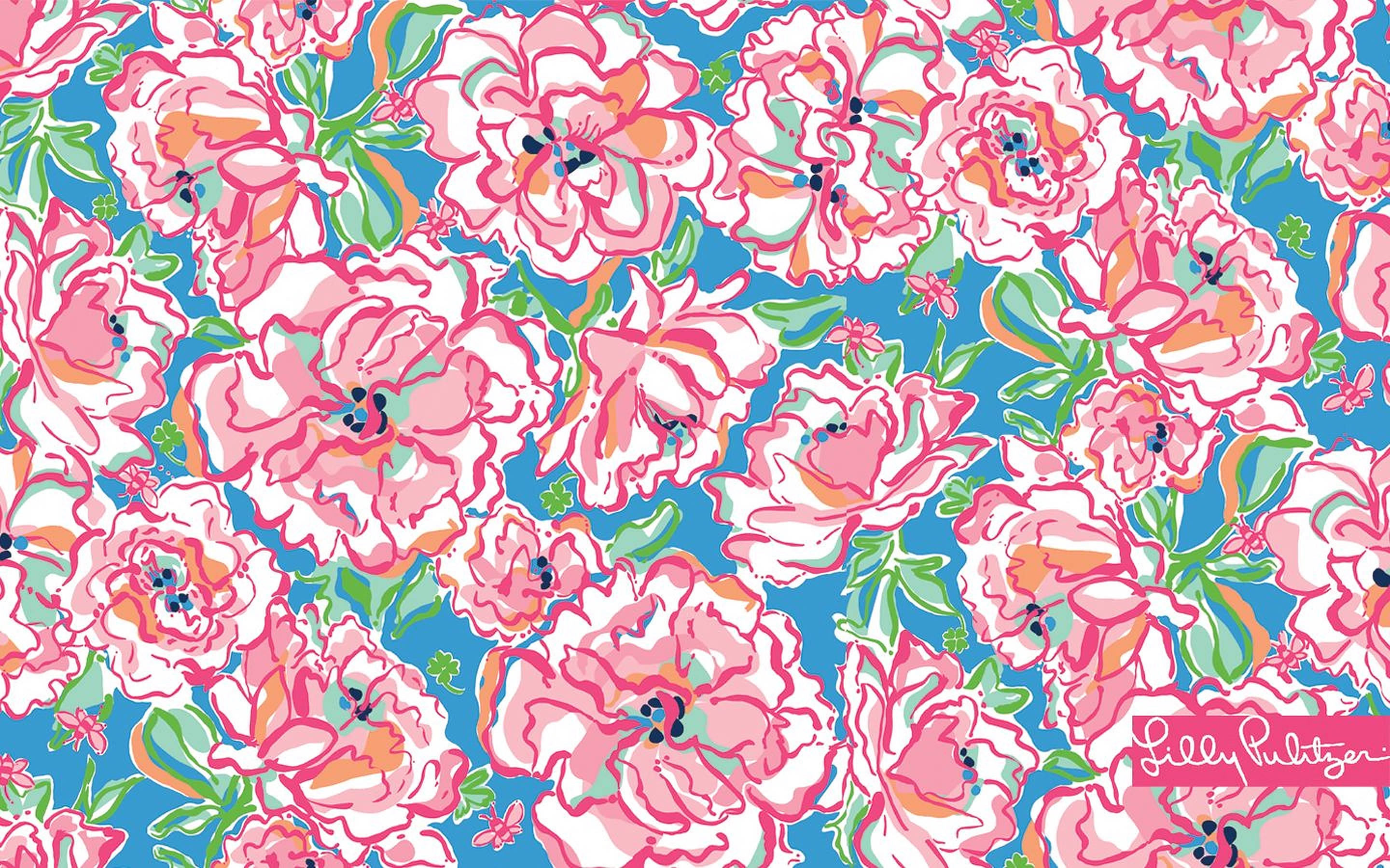 lilly 桌布 壁紙 — 鮮豔的粉紅色和白色牡丹花，搭配綠色葉子，在鮮明的藍色背景上以重複圖案盛開。