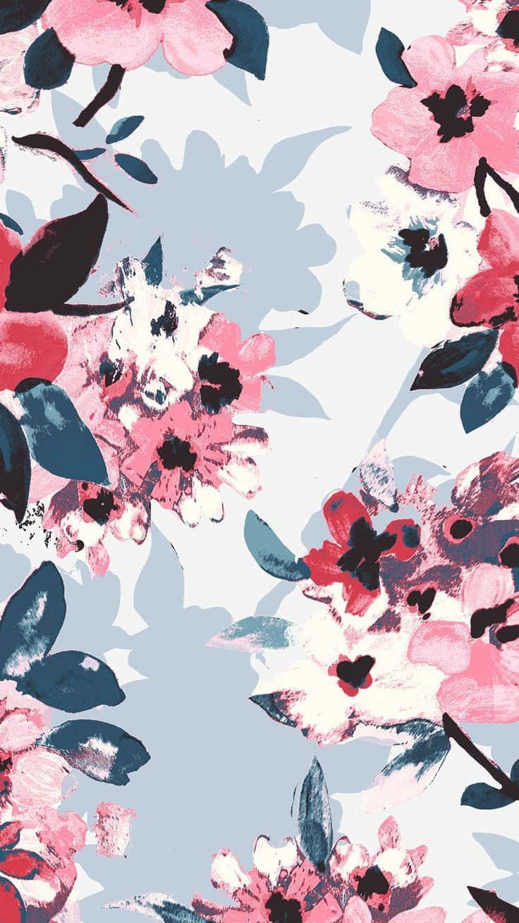 Pinterest 桌布 壁紙 — 鮮豔的粉紅色和白色花朵，搭配深藍綠色葉子，在柔和的藍色背景上以繪畫風格盛開。