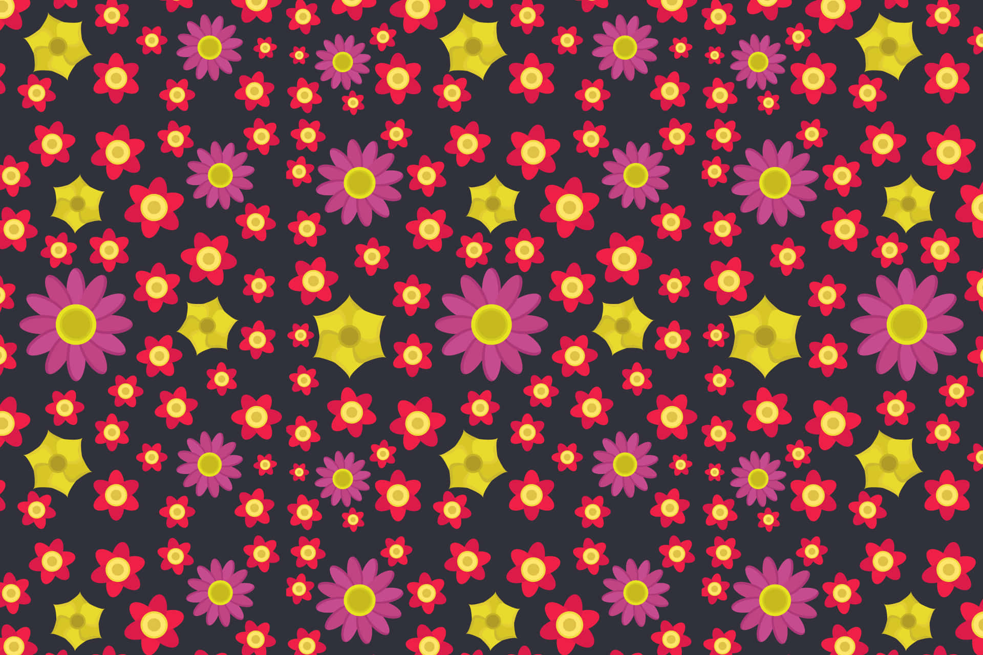 Flower Pattern 壁紙 — 鮮豔的粉紅色和紅色花朵，帶有黃色中心和星星形狀，在深色背景上重複出現，形成大膽的圖案。