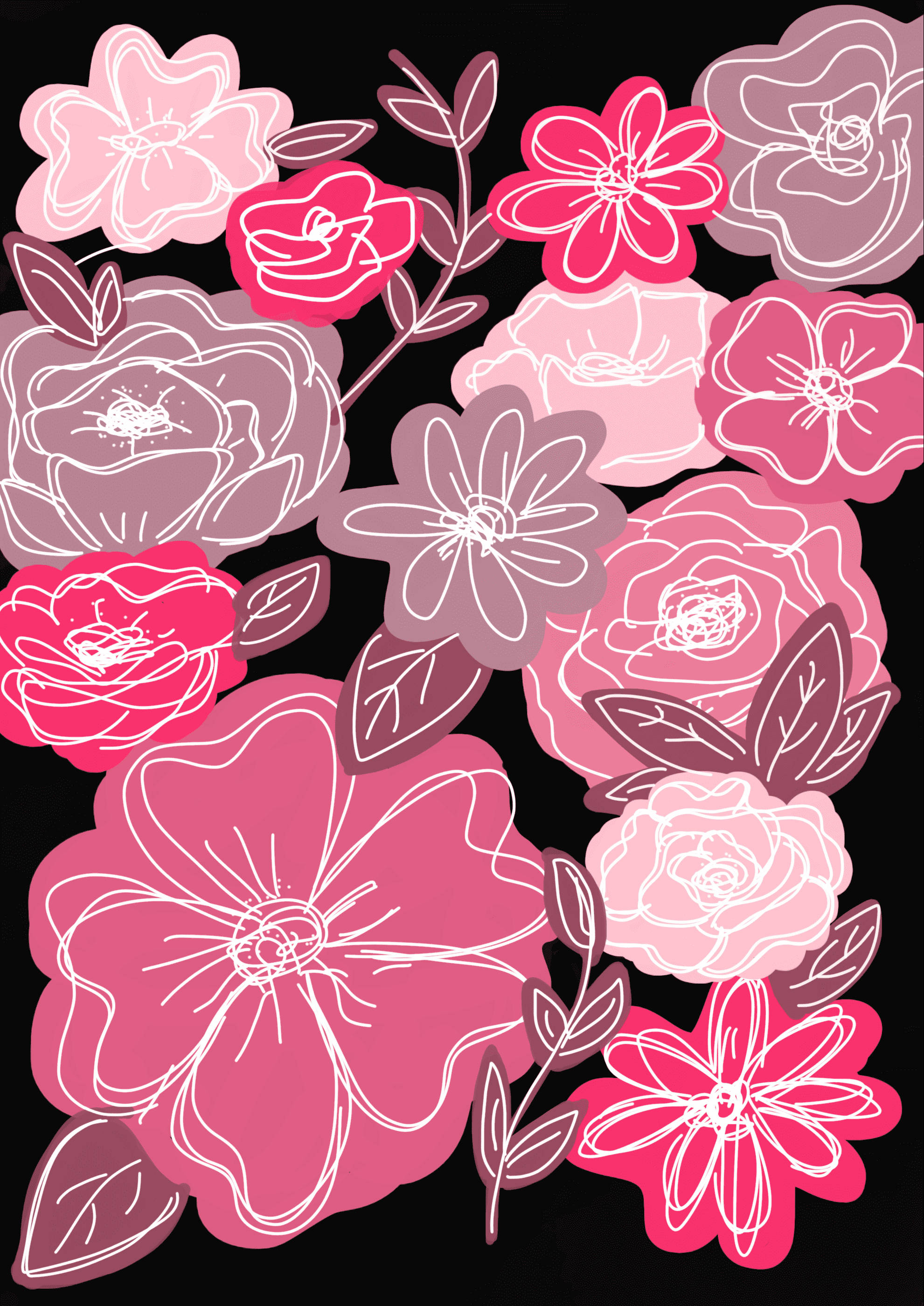 Tumblr 桌布 壁紙 — 鮮豔的粉紅色和紫紅色花朵以白色輪廓在純黑色背景上綻放，風格化插圖。