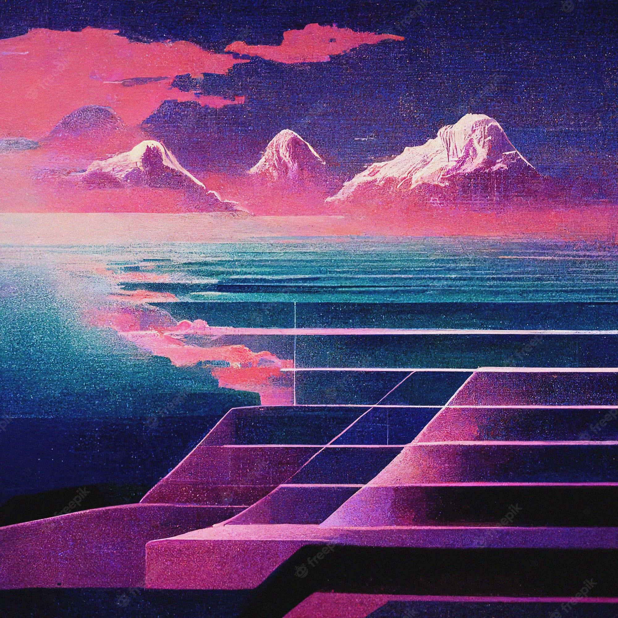Retro Phone 桌布 壁紙 — 鮮豔的粉紅色和紫色山脈在星空下的藍綠色水中倒映，由幾何混凝土階梯框住。