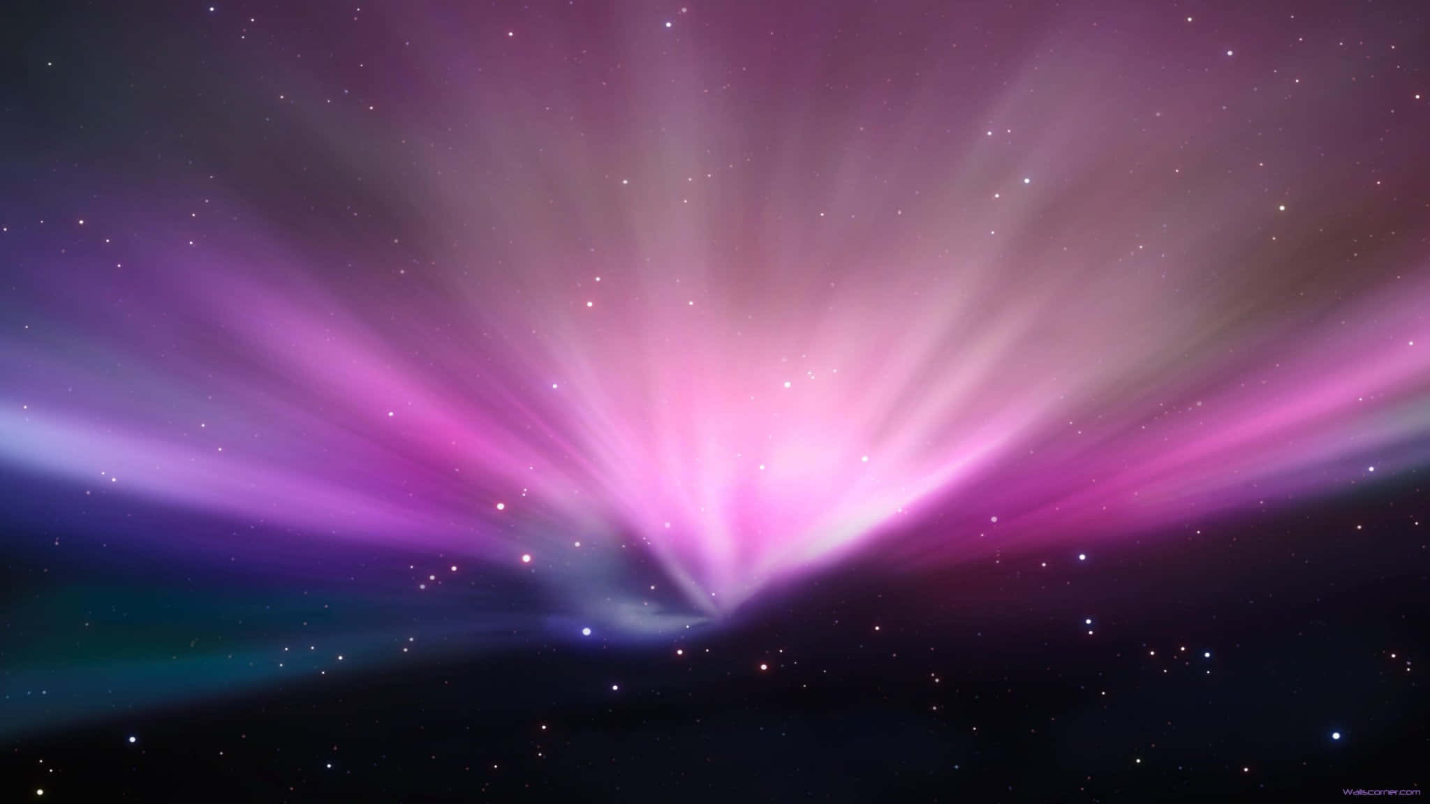 2048x1152 桌布 壁紙 — 鮮豔的粉紅色和紫色極光在繁星點點的夜空中向外輻射，帶有柔和的光芒。