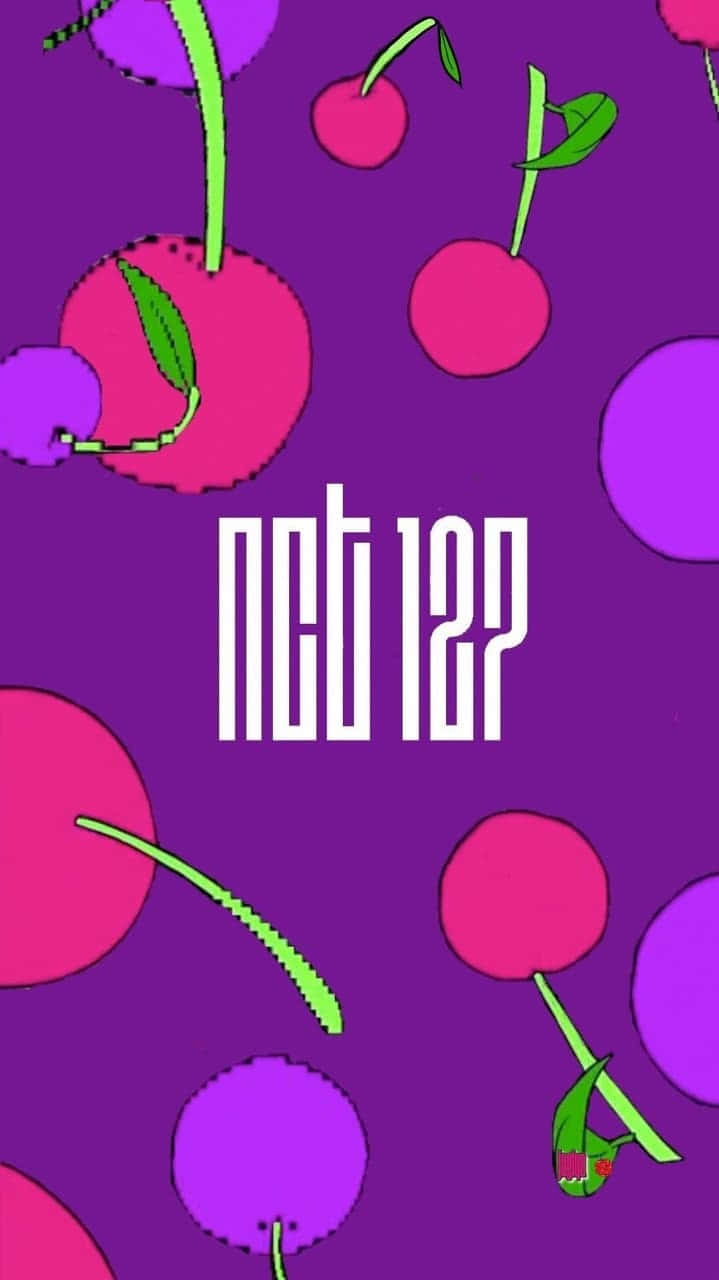Cherry Aesthetic 桌布 壁紙 — 鮮豔的粉紅色和紫色櫻桃插圖漂浮在深紫色背景上，帶有粗體白色文字。