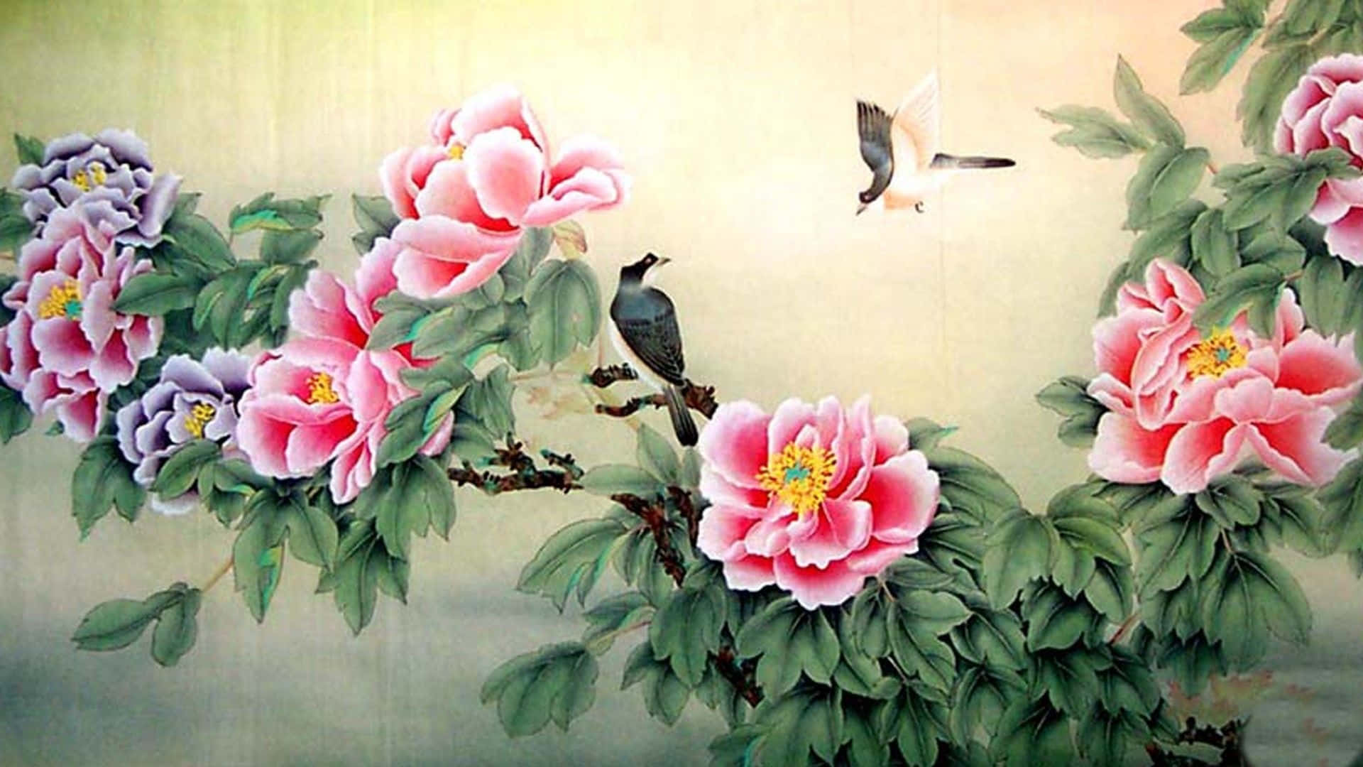 藝術 桌布 壁紙 — 鮮豔的粉紅色和紫色牡丹，茂密的綠葉，兩隻鳥棲息在花朵中，背景是柔和的米色。