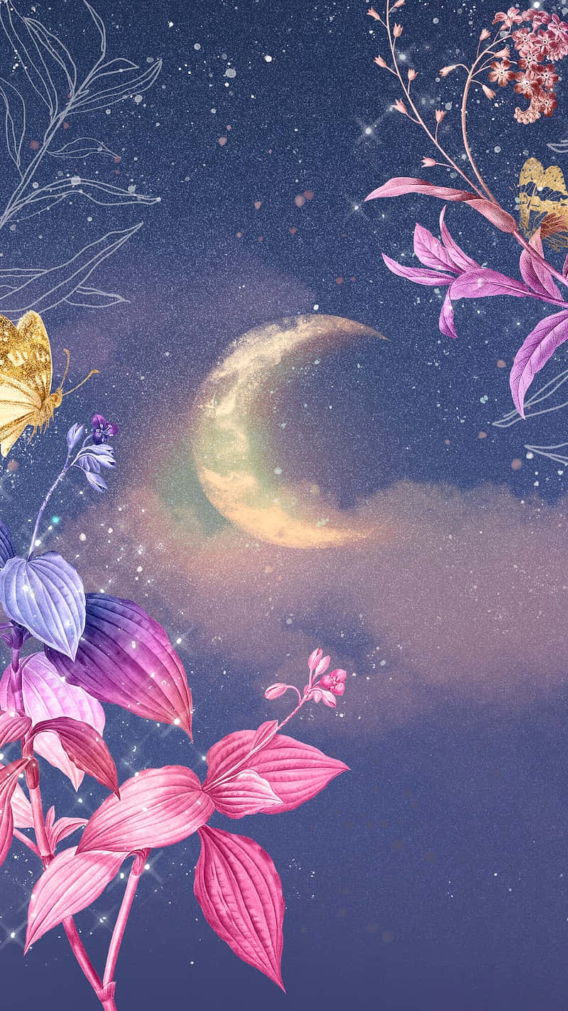 花卉 桌布 壁紙 — 鮮豔的粉紅色和紫色花朵在繁星點點的夜空下盛開，伴隨著發光的彎月和金色蝴蝶。