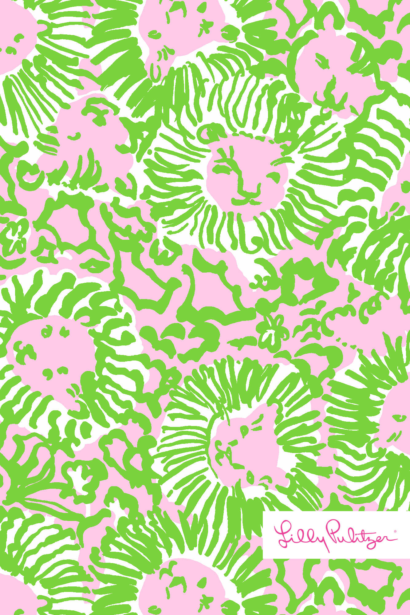 lilly 桌布 壁紙 — 鮮豔的粉紅色和萊姆綠色的風格化獅子臉在白色背景上重複形成大膽的圖案。