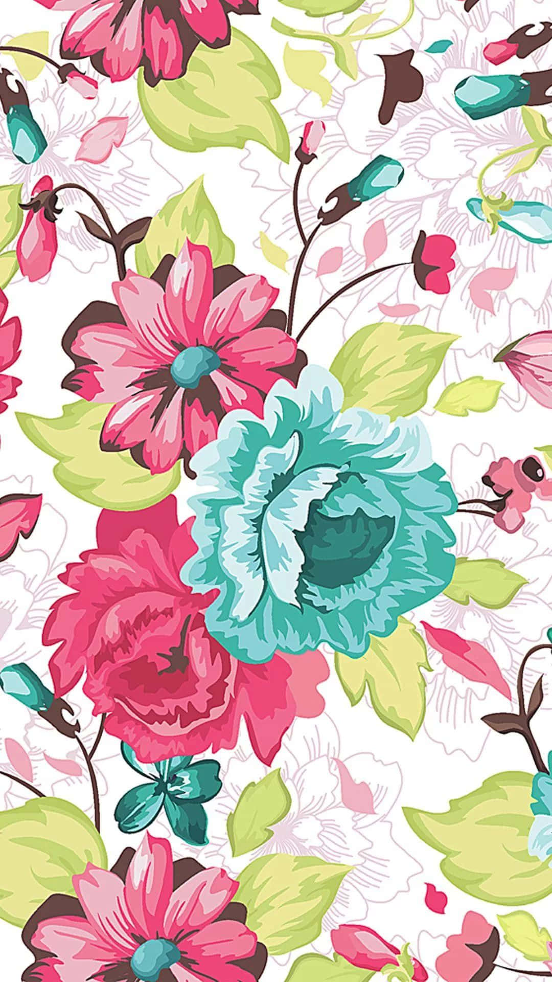 Lilly Pulitzer iPhone 桌布 壁紙 — 鮮豔的粉紅色和藍綠色花朵搭配綠色葉子，在白色背景上綻放，形成大膽的花卉圖案。